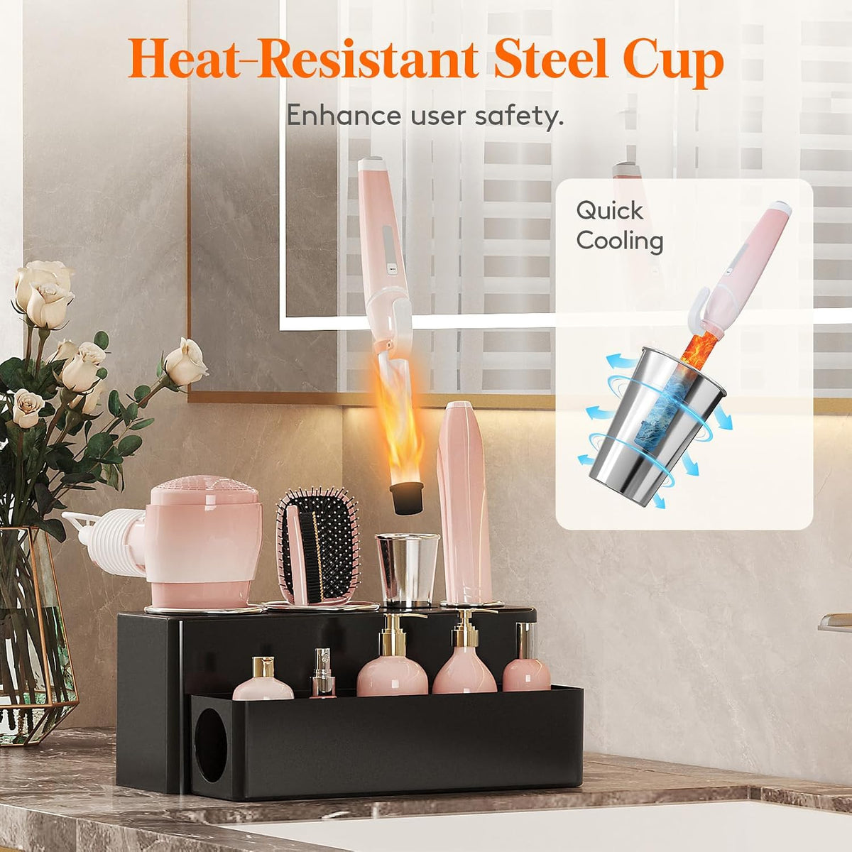 Lifewit Hair Tool Organizer Dryer Holder Countertop with 4 Cups, Black | 4 Stainless cups Tools Organizer, Acrylic body