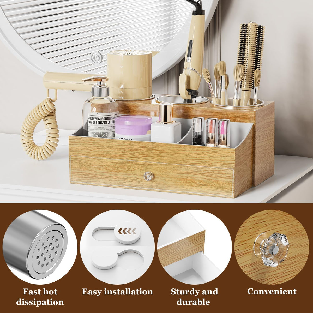 GFWARE Hot Hair Styling Tool Organizer with Drawer & 3 Cooling Cups, Wood | Hair Accessories Bathroom Vanity Storage