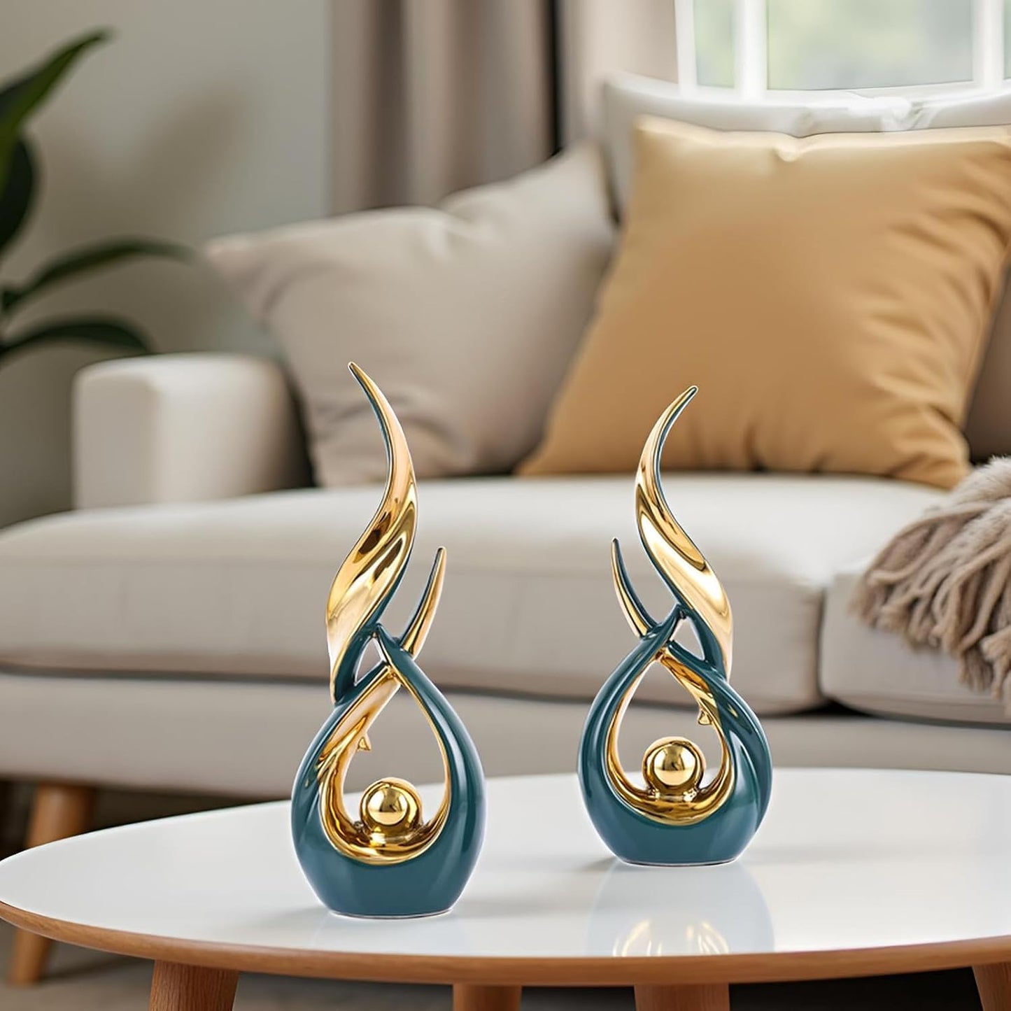 Gold Ceramic Abstract 2 Piece Statue Set / Green