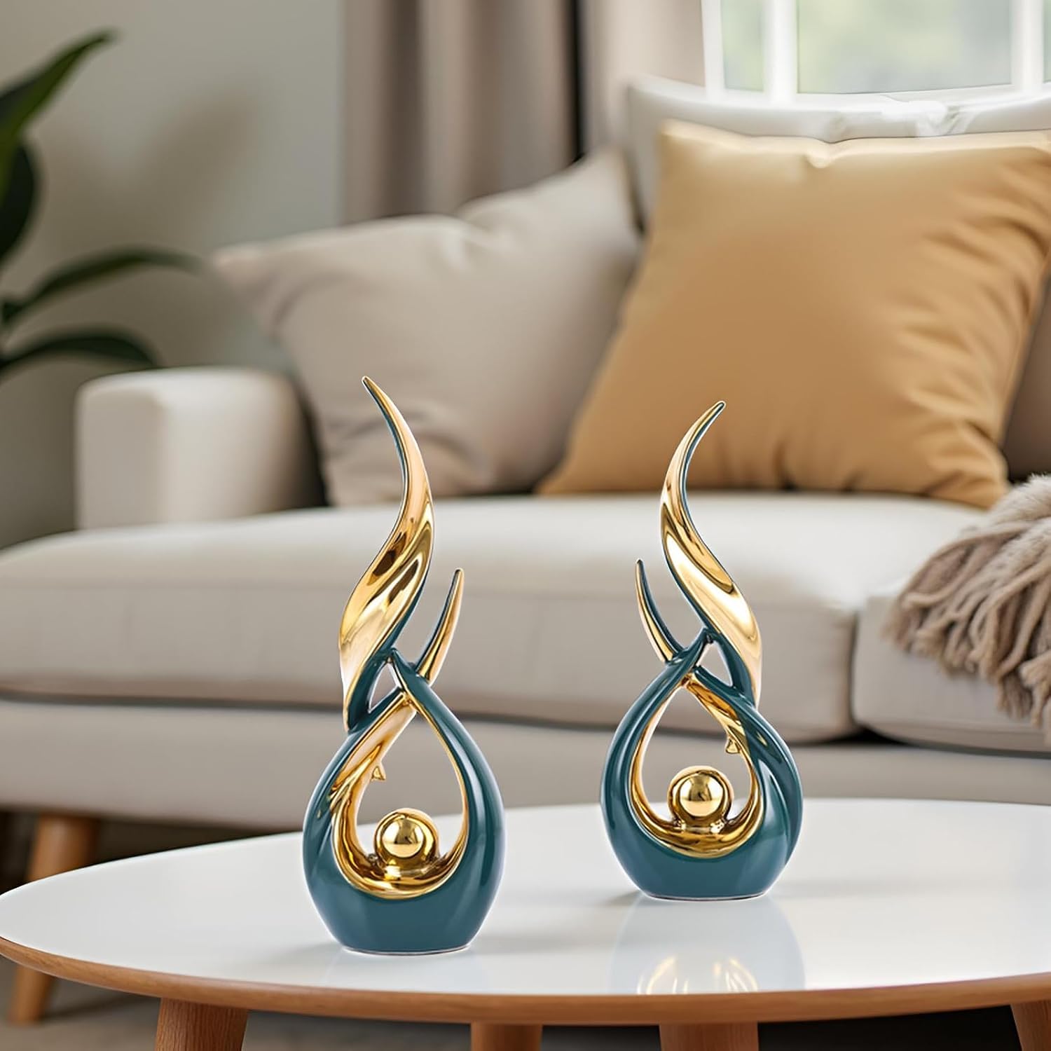 Gold Ceramic Abstract 2 Piece Statue Set / Green