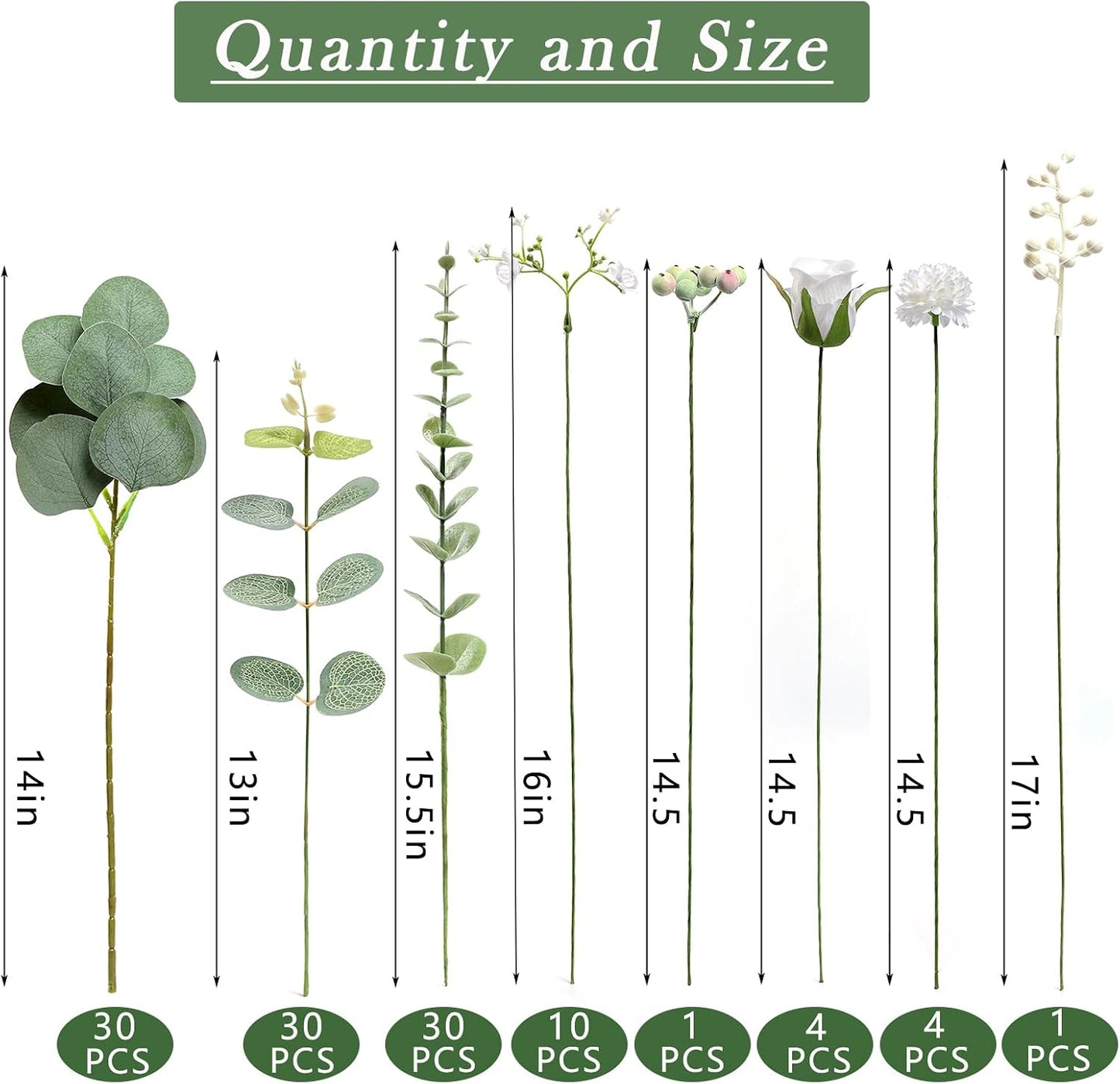 7 Kinds Mixed Artificial Eucalyptus Stems and Faux Flowers / Green / Set of 110