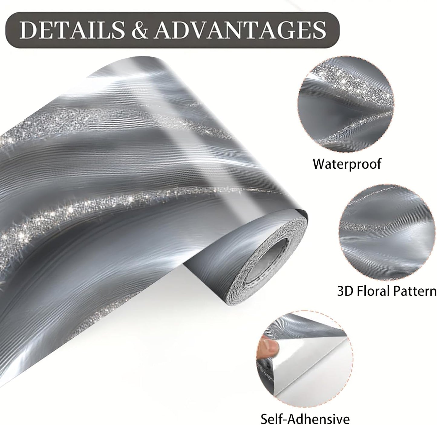 Wallpaper Border Modern Glitter Wall Border Peel and Stick / Silver Metallic Wave / 196 x 4