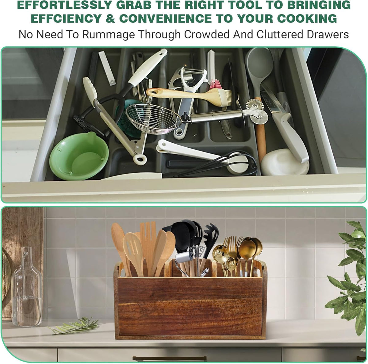 Kitchen Utensil Holder for Countertop with 3 Compartments，Acacia Wood Utensil Holder Cooking Spatula Organizer Large