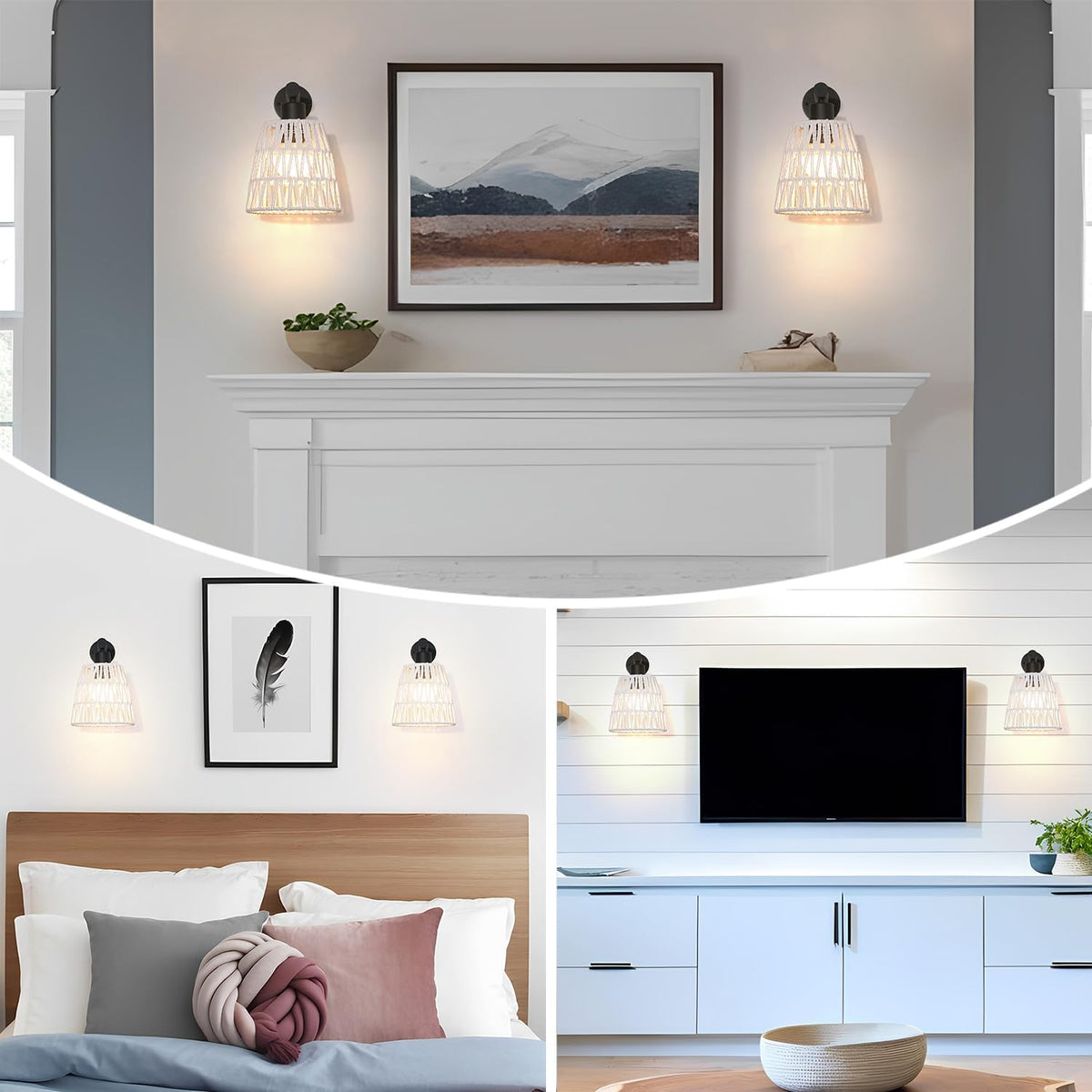 Boho Battery Operated Wall Sconce Set of 2, White Rattan Rechargeable Wall Lights with Dimmable Bulbs and Remote,15