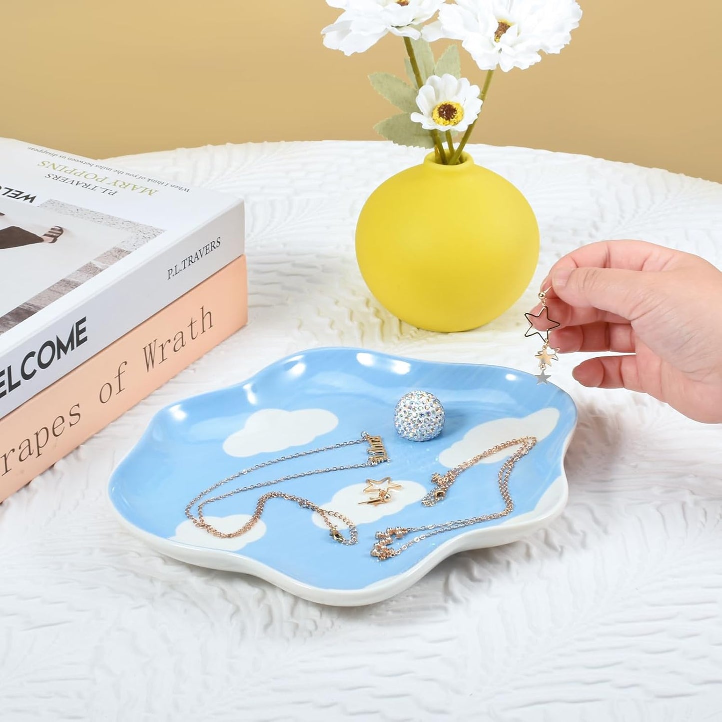 Ceramic Jewelry Dish Trinket Tray Organizer / Blue Sky and White Clouds