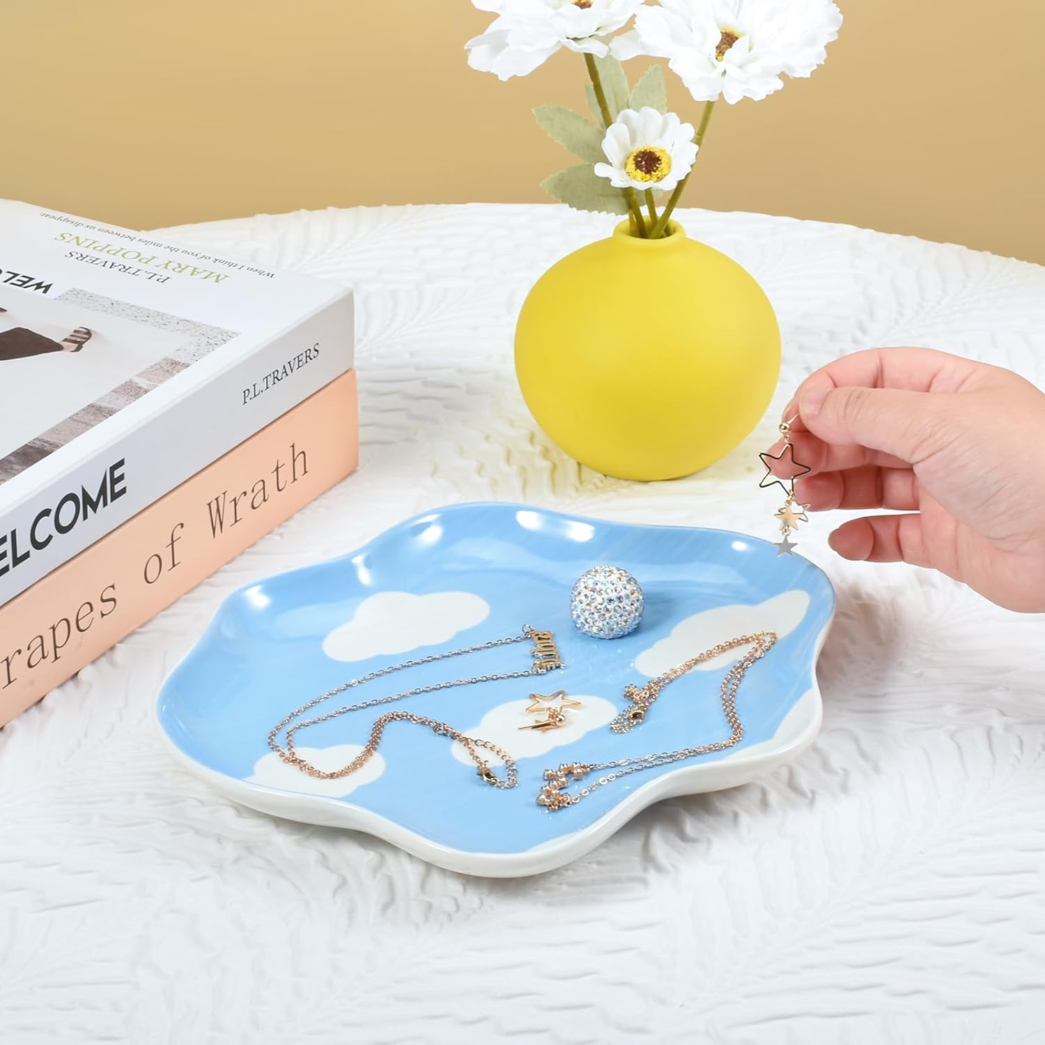 Ceramic Jewelry Dish Trinket Tray Organizer / Blue Sky and White Clouds