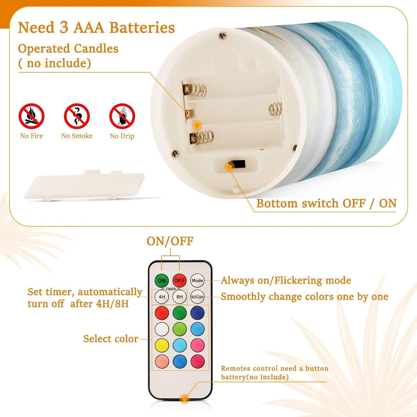Flickering Flameless Candles, Shells Summer Sandy Beach LED Candles with Remote Timer, Set of 2 Battery Operated Candle