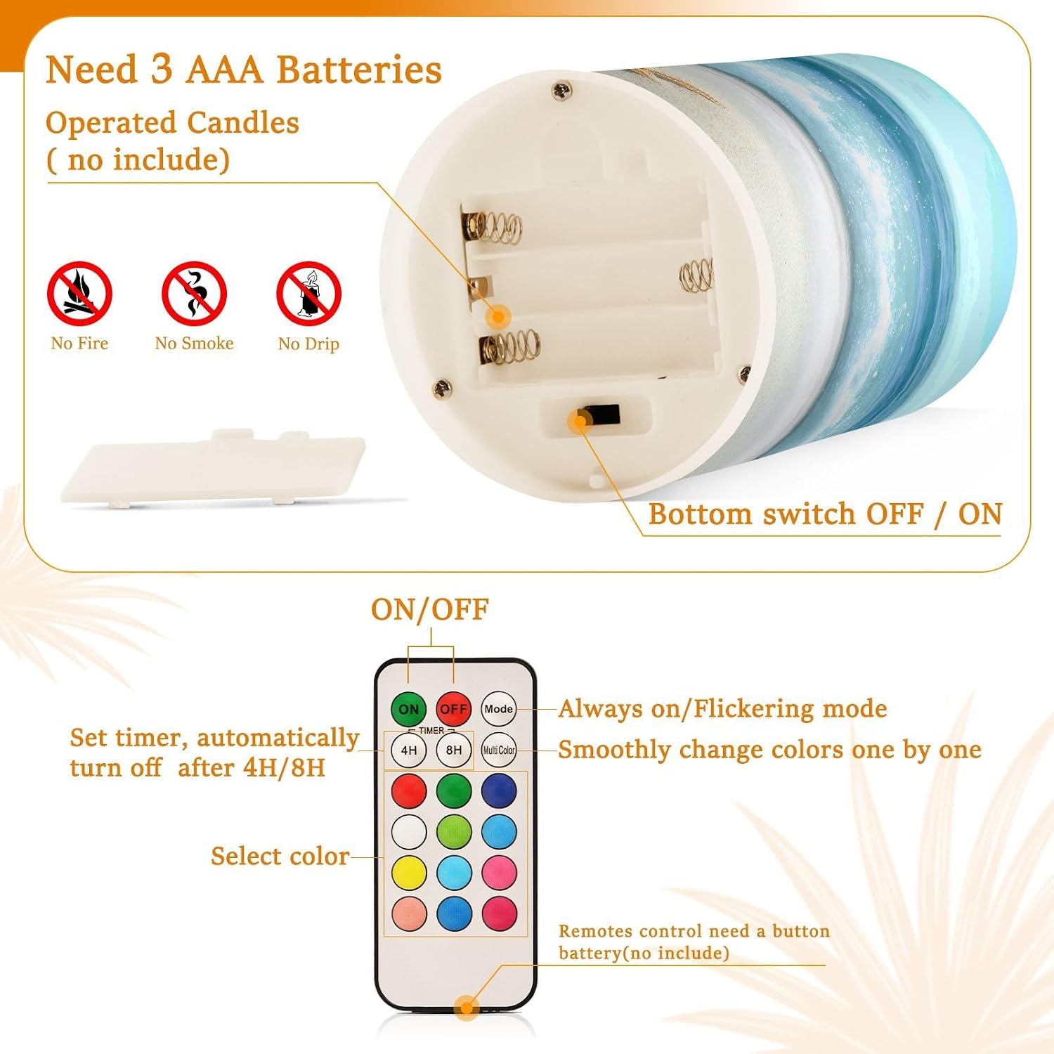 Flickering Flameless Candles, Shells Summer Sandy Beach LED Candles with Remote Timer, Set of 2 Battery Operated Candle