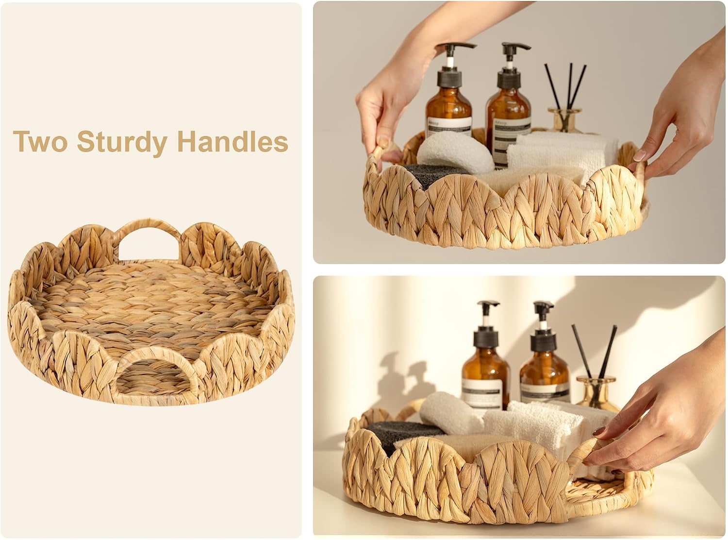 Scalloped Tray / Round Basket Tray Wicker Rattan Serving Tray / Natural / Set of 13