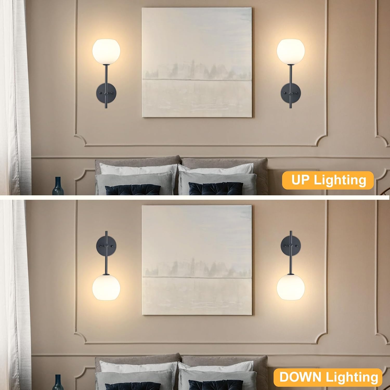 Black Battery Operated Wall Sconces Set of 2, Rechargeable Wireless Wall Lights with Milky White Frosted Glass Shade