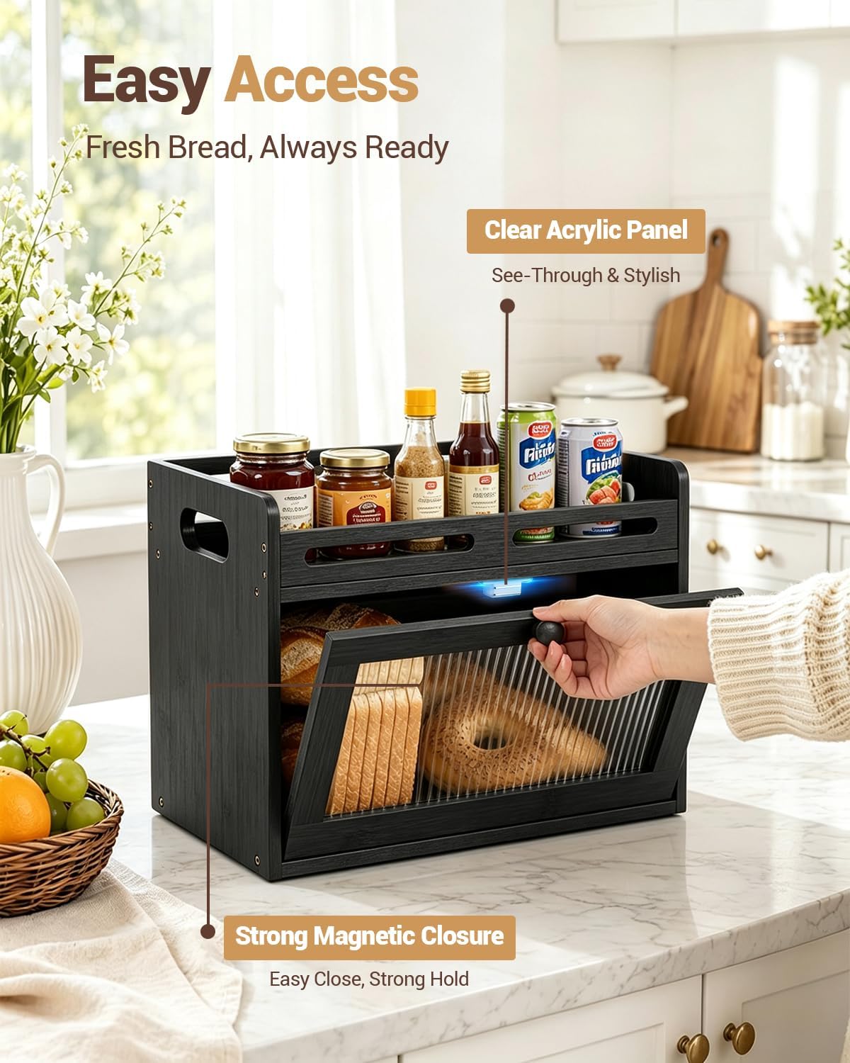 Bread Box for Kitchen Countertop, Bamboo Storage with Top Shelf, Black | Large Capacity, Acrylic Window, Rear Vents