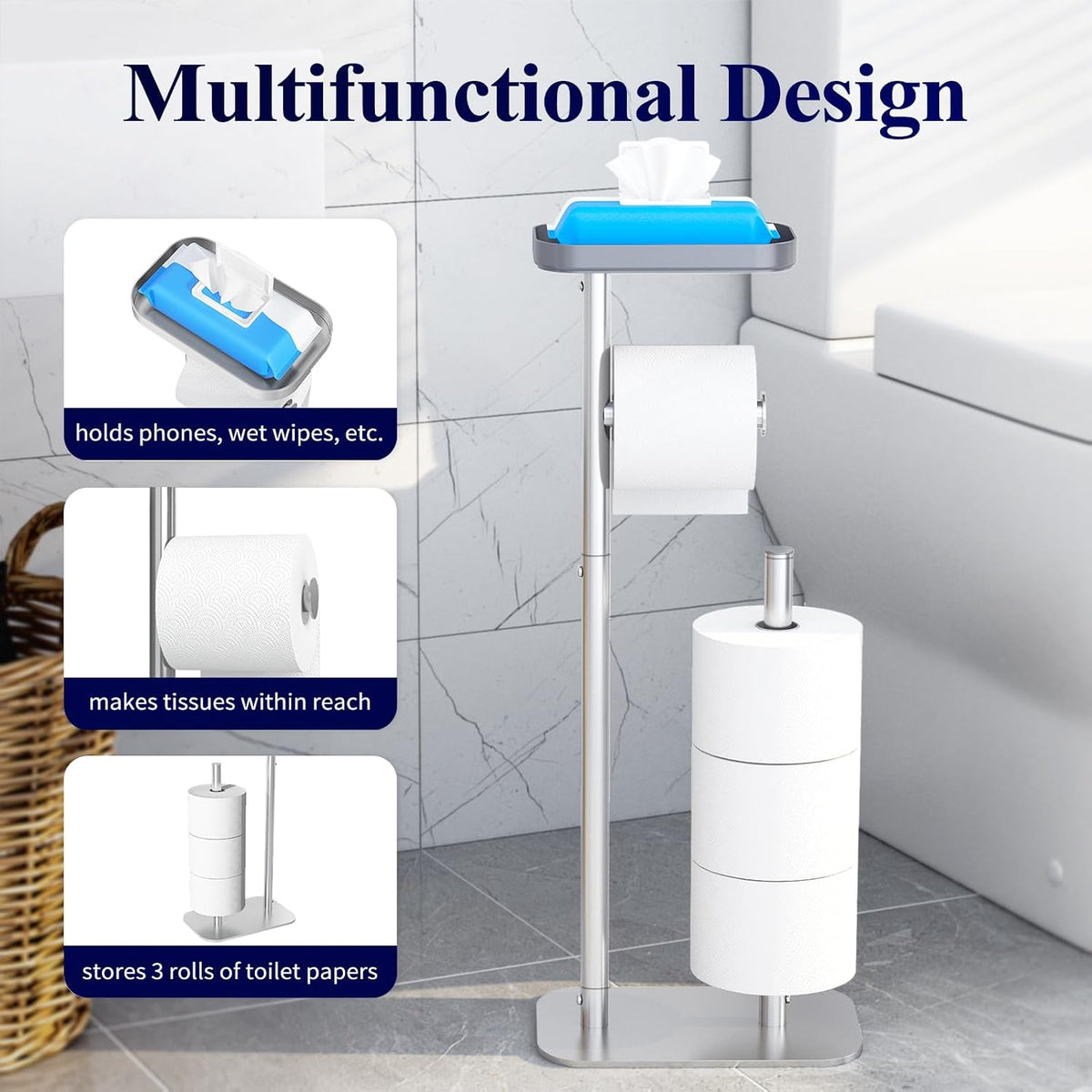 Kitsure Metal Toilet Paper Holder Free Standing, Medium, Silver | Rustproof Toilet Paper Stand for 4 Rolls, Bathroom