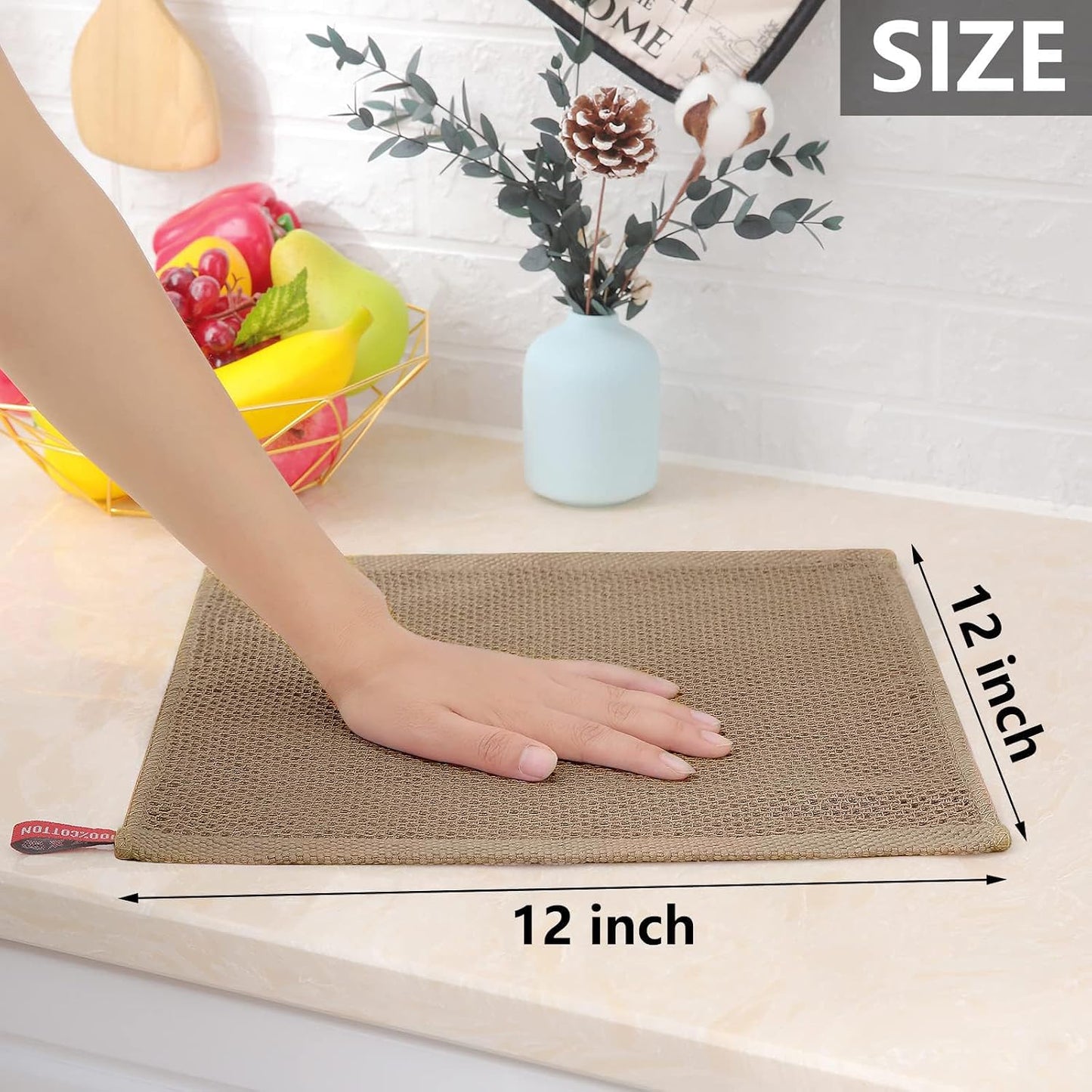 Homaxy 100% Cotton Waffle Weave Kitchen Dish Cloths 12-Pack, Tan | 12 x 12 Inches, Ultra Soft Absorbent Dish Towels