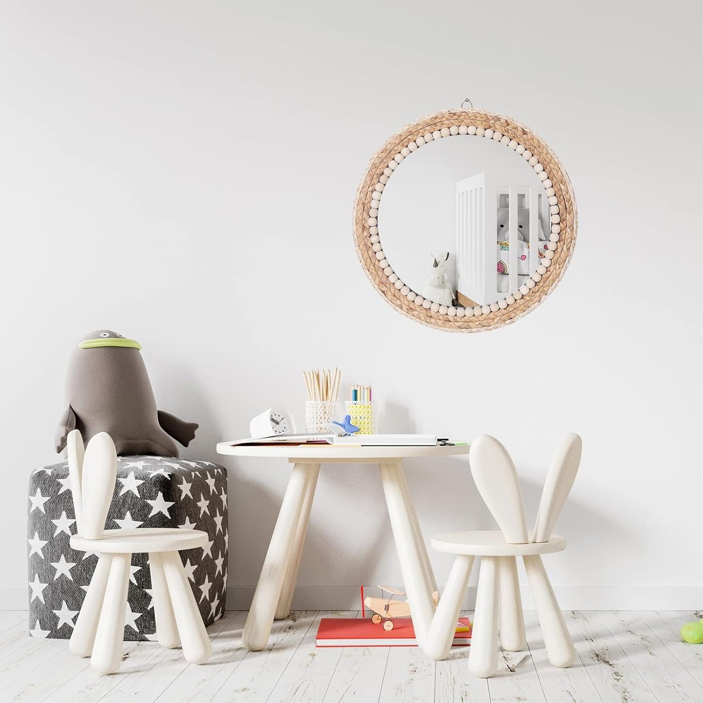Boho Round Hanging Wall Mirror Decorative Rattan Circle Mirrors / 15 Inch Wood / 15 Inch