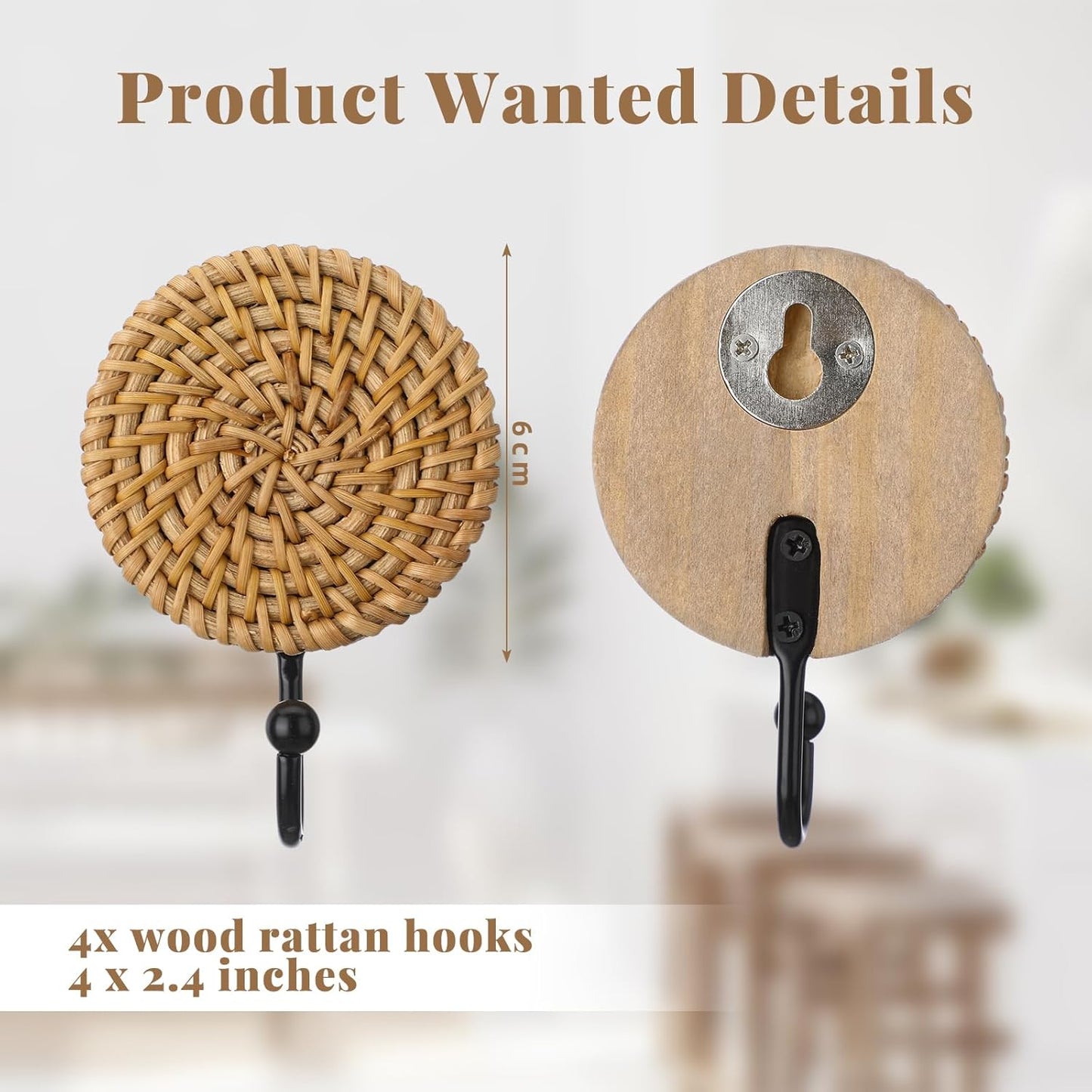 Boho Rattan Wall Towel Hooks Decorative Woven Hanging Holder Farmhouse Coat Rack / Round / Set of 4