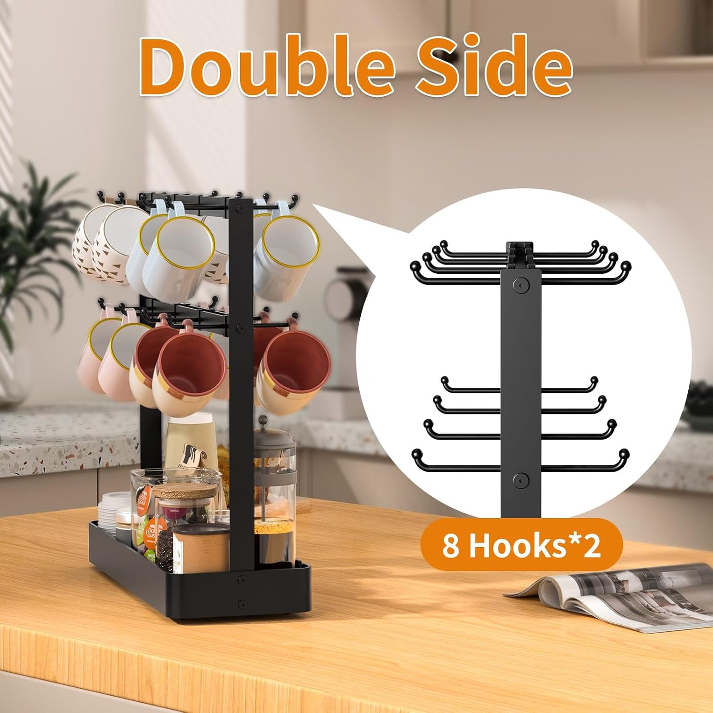 RCHYFEED 2 Tier Coffee Cup Holder with 16 Movable Hooks & Storage Basket | Sturdy Metal Countertop Mug Rack,Drain Tray