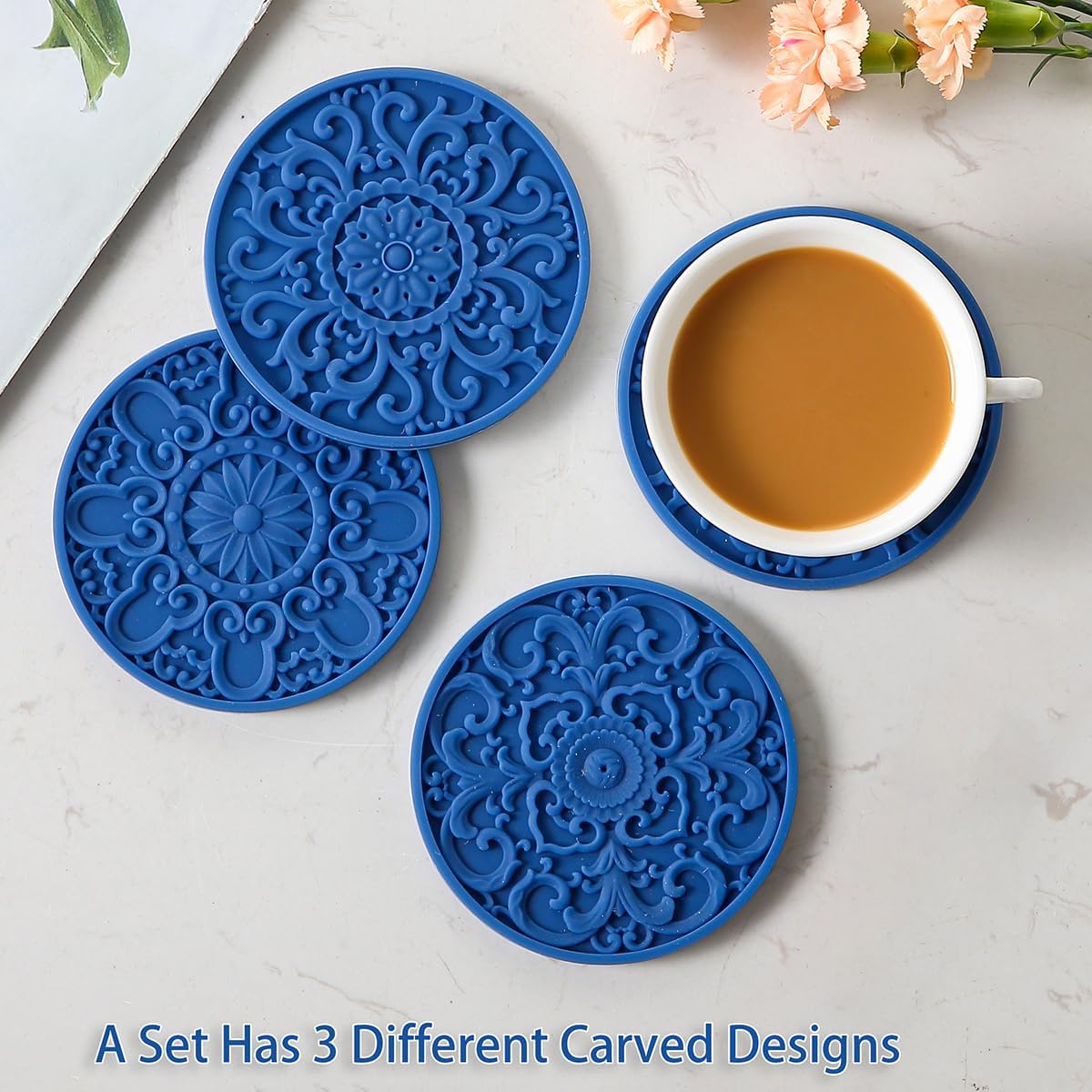 Holder / Non-Slip Cup Mats for Hot and Cold Drinks / Navy Blue / Set of 6