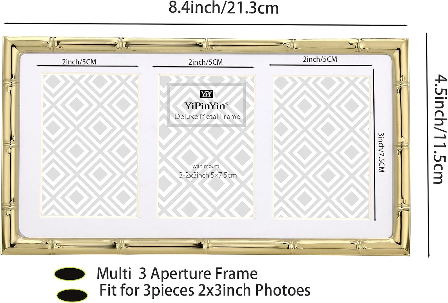 YiPinYin Gold 3-2x3'' Multi Bamboo Detail Designs Metal Picture Frame 3 Section Frame 2pack,Baby Nurse frames With Soft