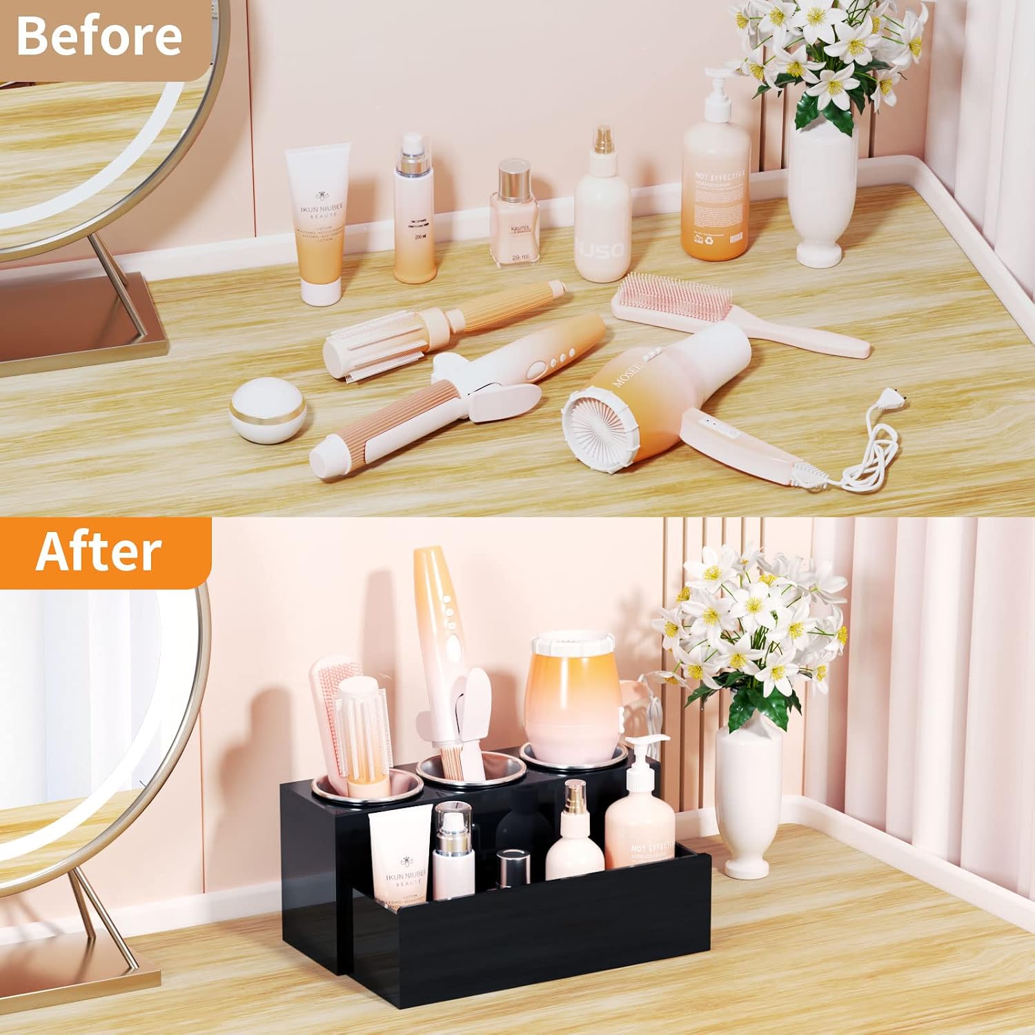 NIUBEE Acrylic Hair Tool Organizer,Hair Blow Dryer Holder with 3 Cups,Black | Acrylic Hot Tools Organizer,Hair