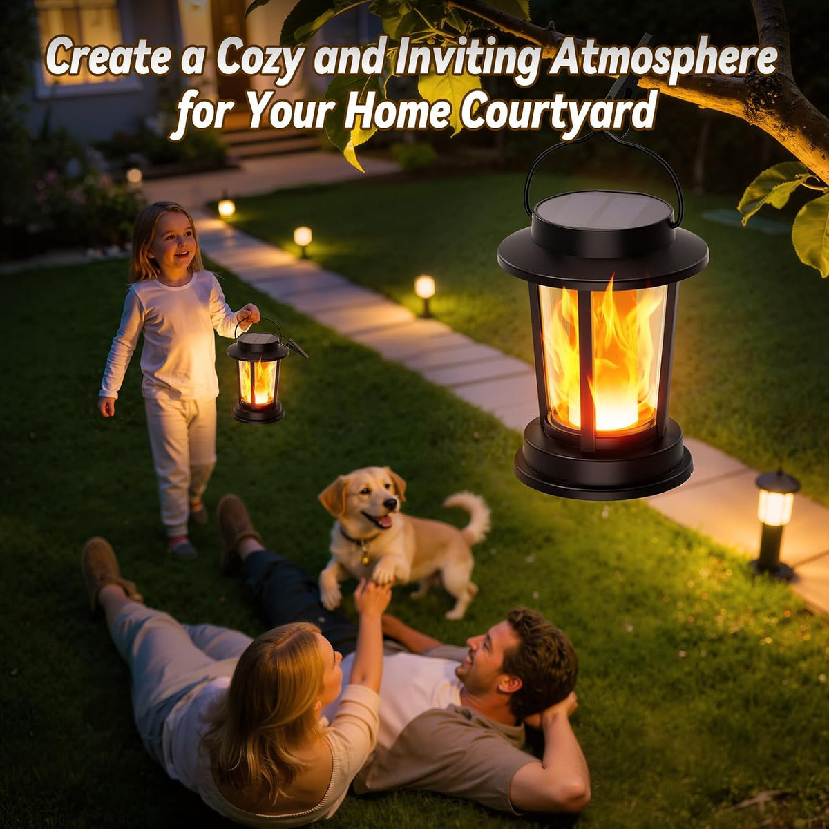 Solar Lanterns Outdoor Waterproof, Flickering Flame Solar Powered | 2 Pack Upgraded Solar Lights Outdoor, Hanging