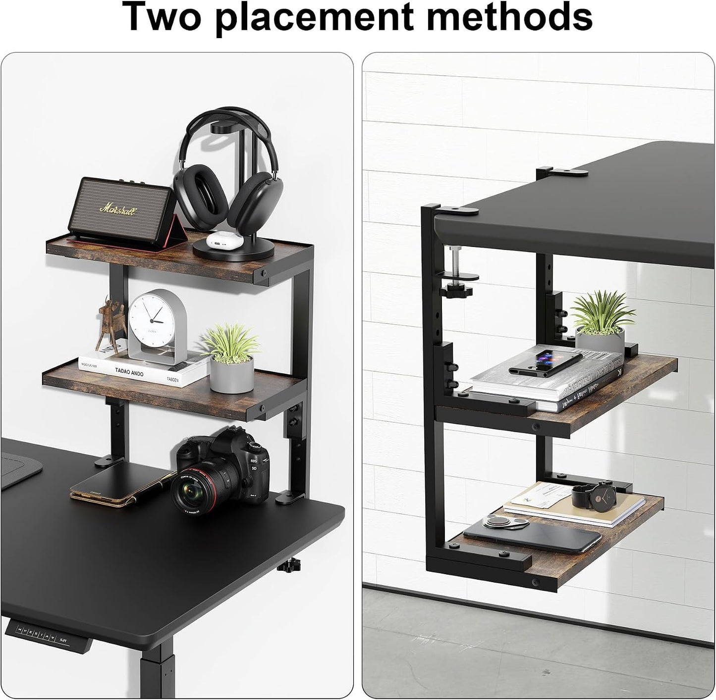 Spacrea Clamp on Desk Shelf, 2 Tier Office Desk Shelves Organizer, Wood Desktop Supplies Storage Rack, Desk Organizers