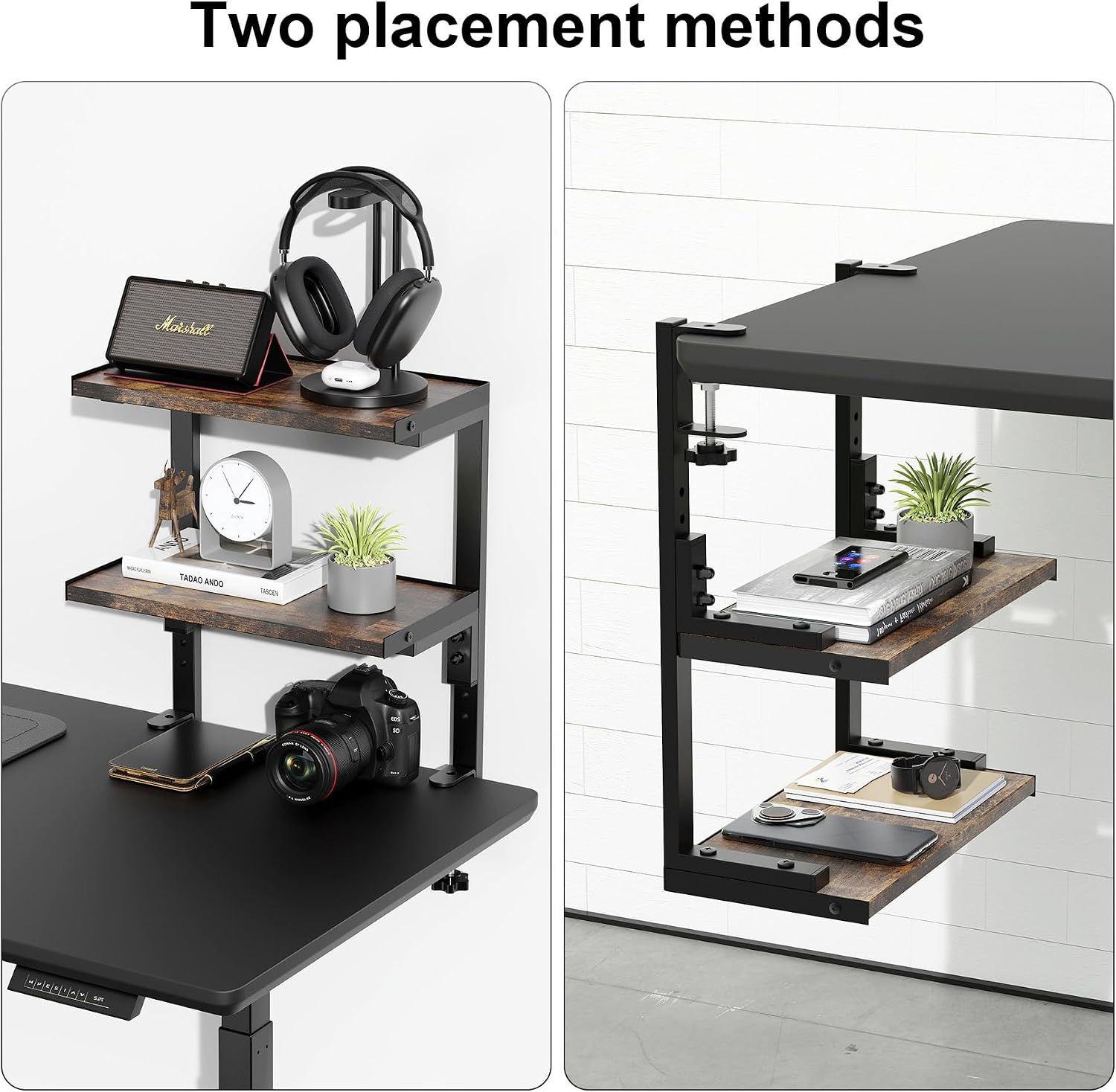 Spacrea Clamp on Desk Shelf, 2 Tier Office Desk Shelves Organizer, Wood Desktop Supplies Storage Rack, Desk Organizers