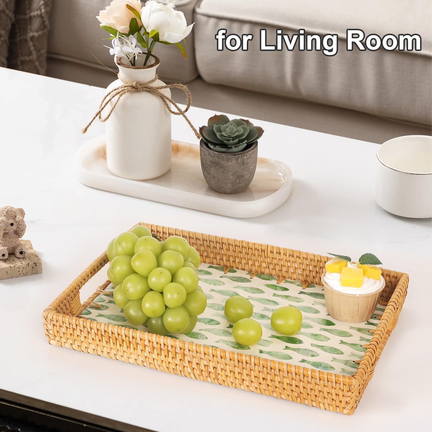 Rattan Serving Tray / Green Fish