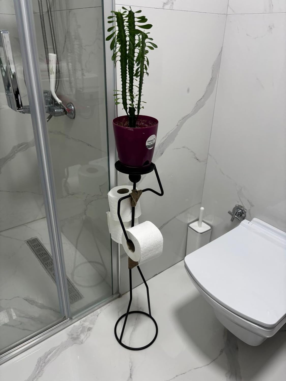 GRANDMIX Funny Standing Toilet Paper Holder with Metal Figurine | Freestanding Bathroom Organizer with Tray for Plant