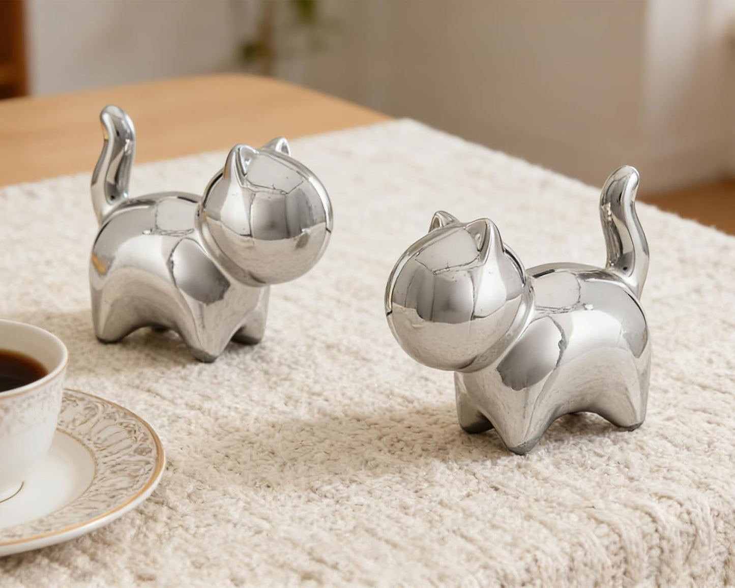 Small Ceramic Cat Statues / Silver / 3 Inch / Set of 2