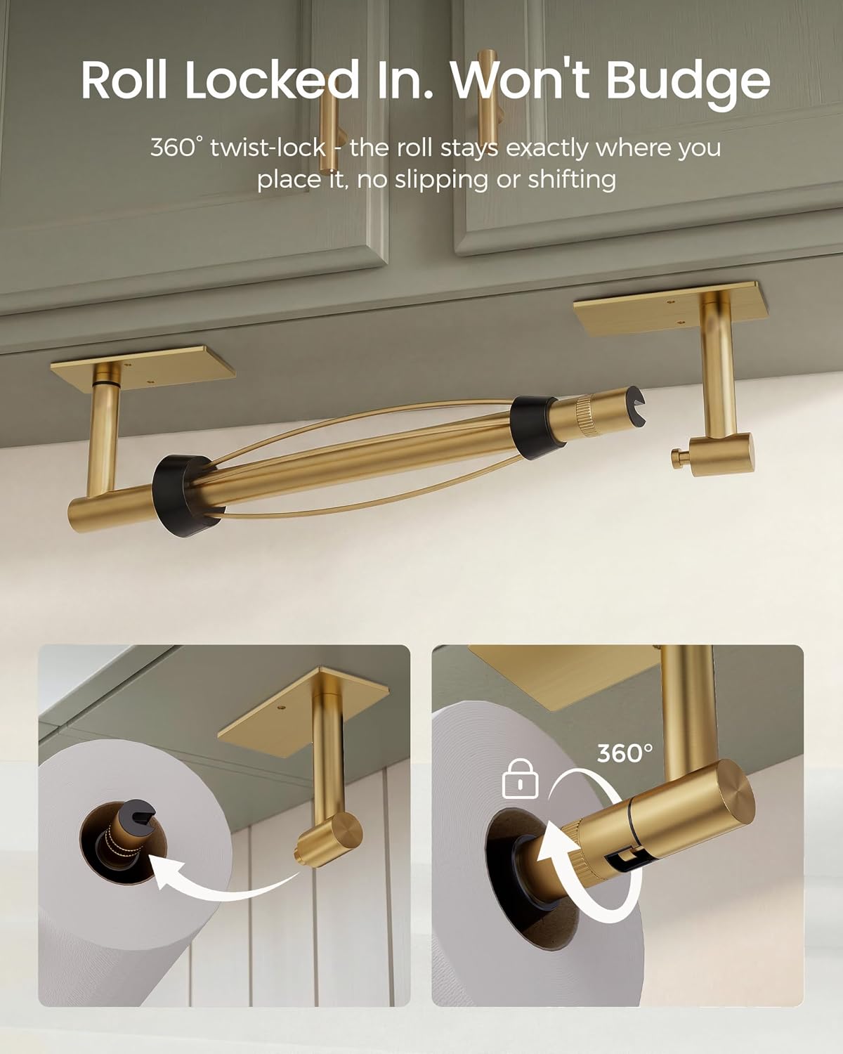 Gold Paper Towel Holder Under Cabinet with Damping Self Adhesive | 304 Stainless Steel Post Pivoting Design Wall