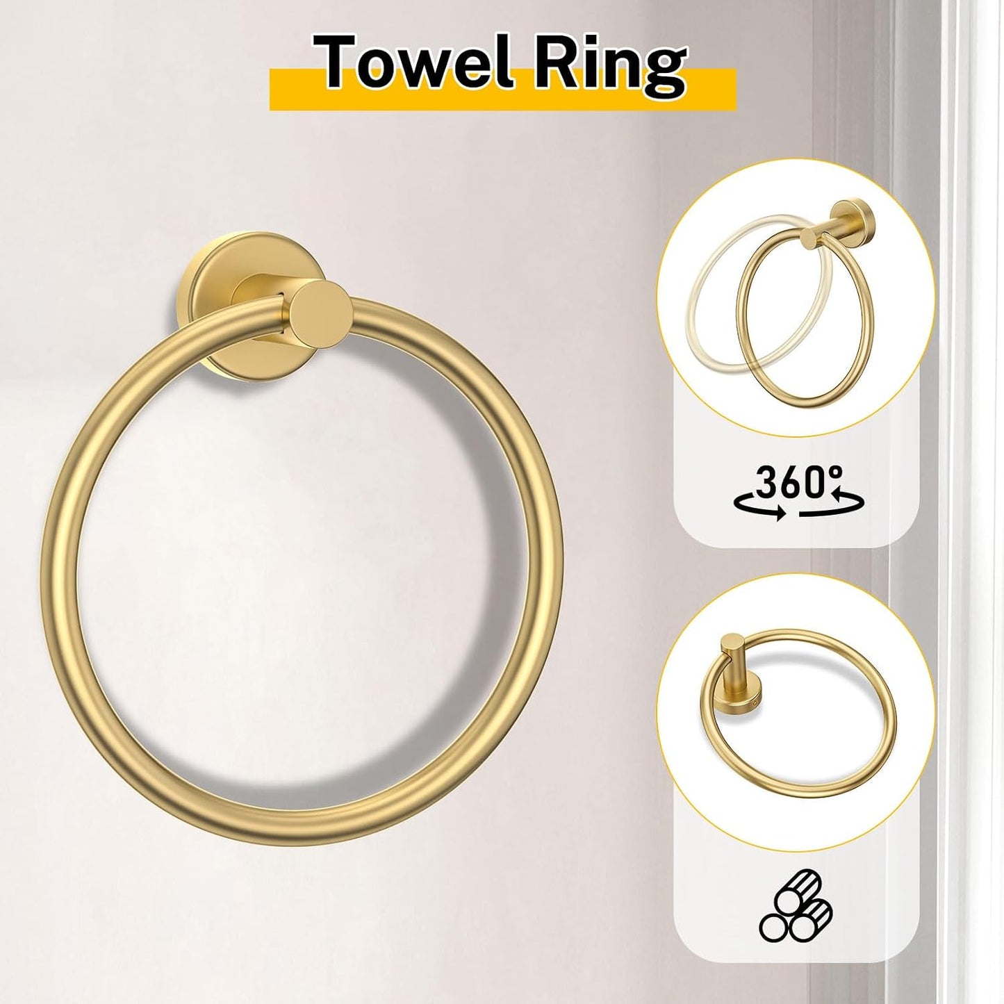Brushed Gold Bathroom Hardware Set 5 Pieces Towel Bar Set Round Towel Holder Set for Bathroom,Upgraded Toilet Paper