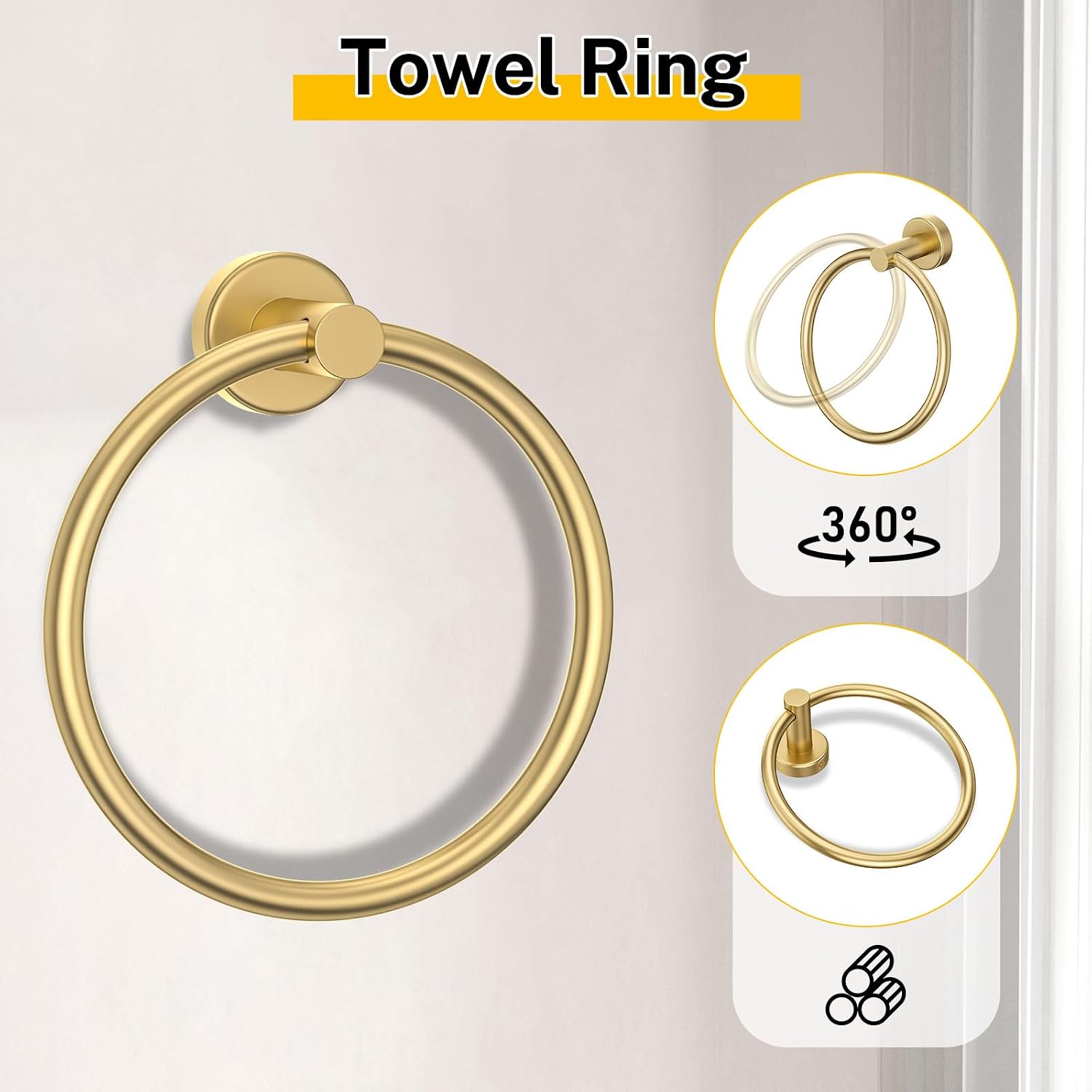 Brushed Gold Bathroom Hardware Set 5 Pieces Towel Bar Set Round Towel Holder Set for Bathroom,Upgraded Toilet Paper