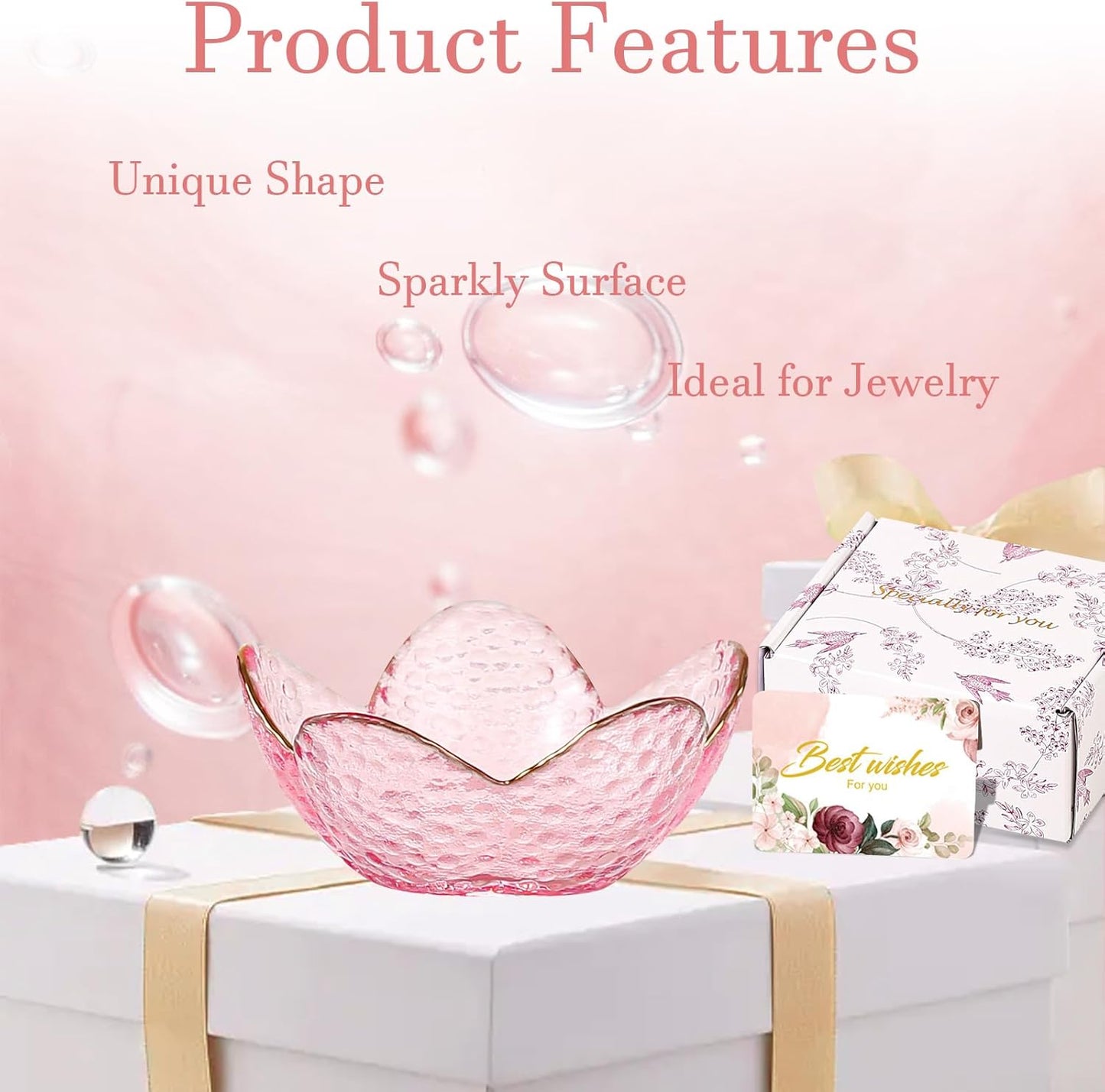 Gifts for Women Trinket Dish Flower Jewelry Dish Pink Glass Ring / Golden-edged Pink / Set of 2