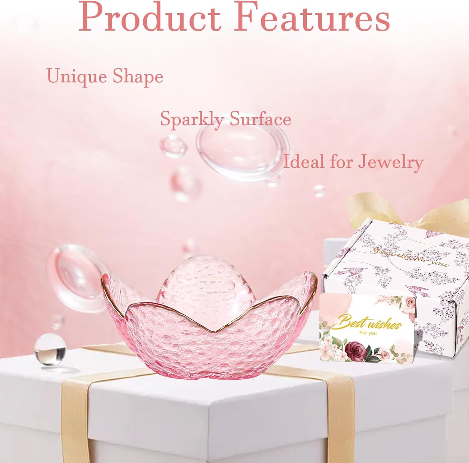 Gifts for Women Trinket Dish Flower Jewelry Dish Pink Glass Ring / Golden-edged Pink / Set of 2