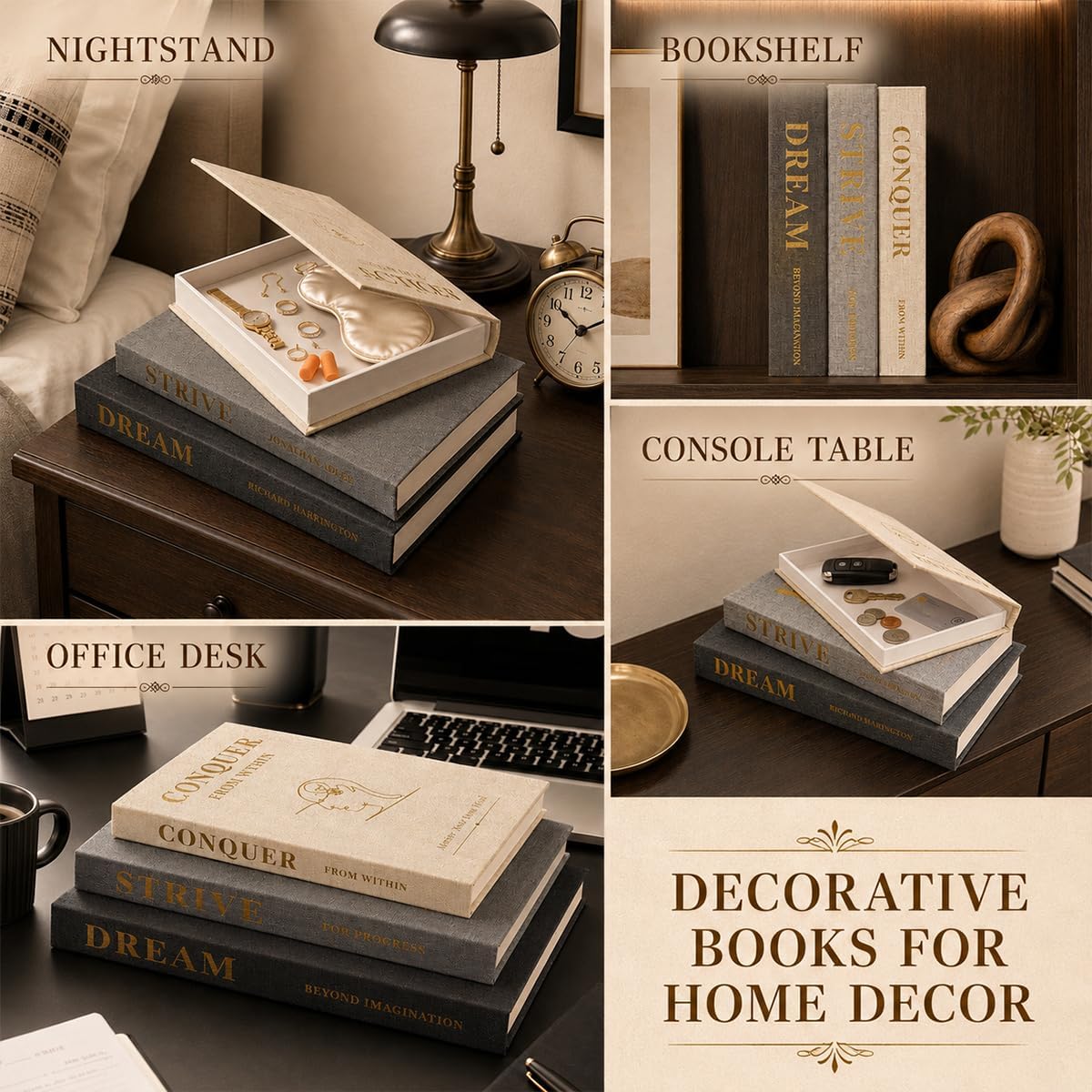 Neutral Linen Decorative Books / Gold / Set of 3