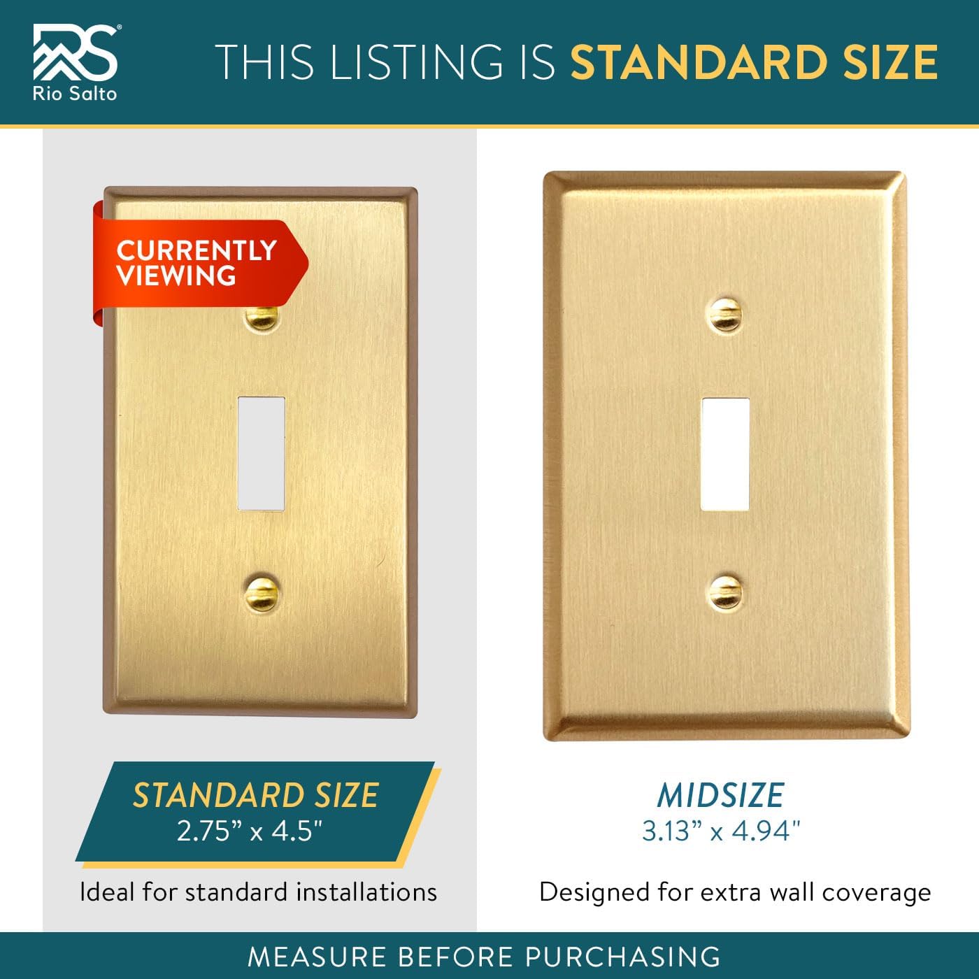 Rio Salto BRASS Metal Toggle Gold Outlet Cover or Light Switch Cover Wall Plate, 10-Pack STANDARD SIZE, Single Togle