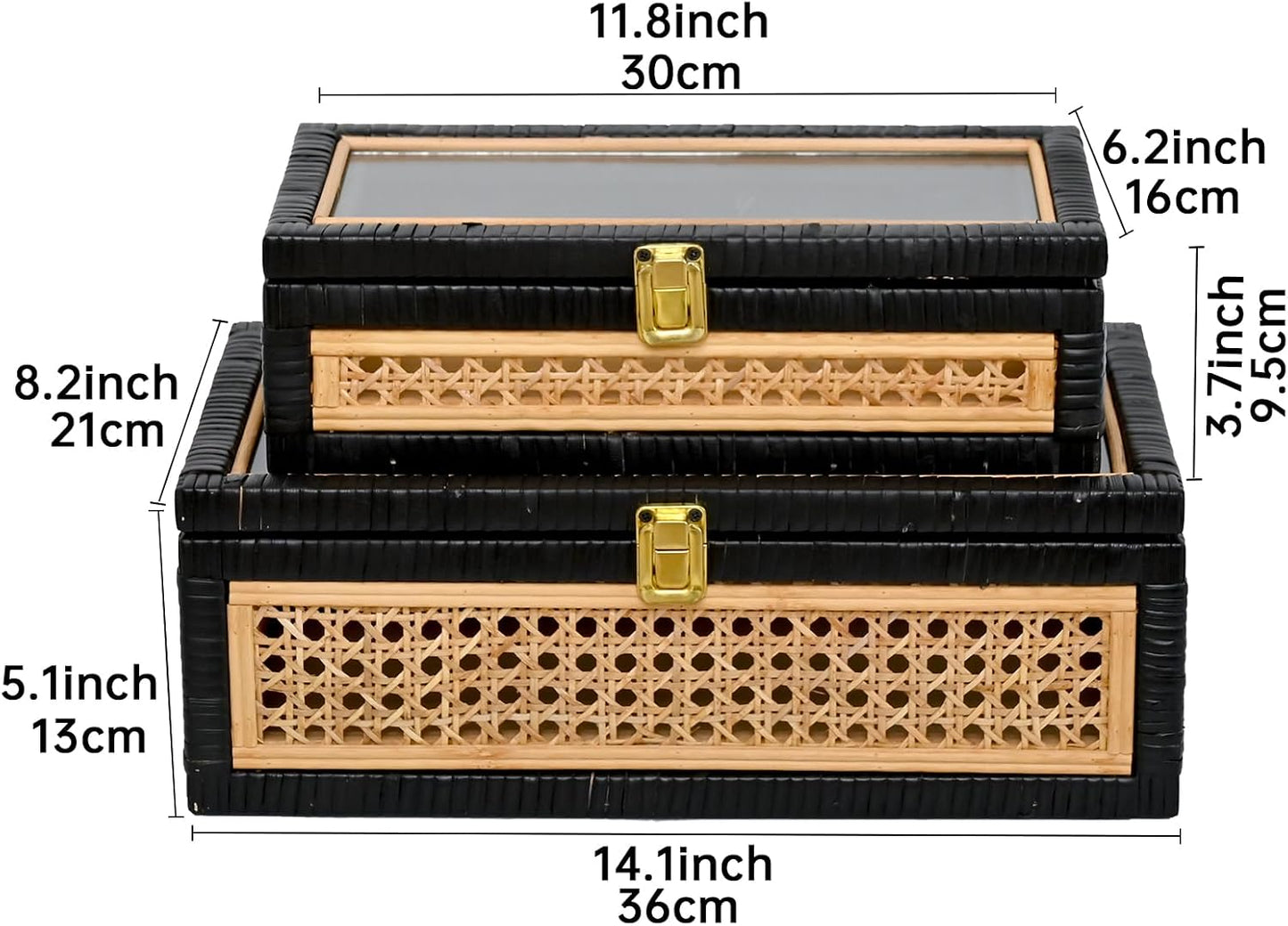 Black Rattan Decorative Storage Boxes / 14.1 x 8.2 x 5.1 / Rattan&black / Set of 2