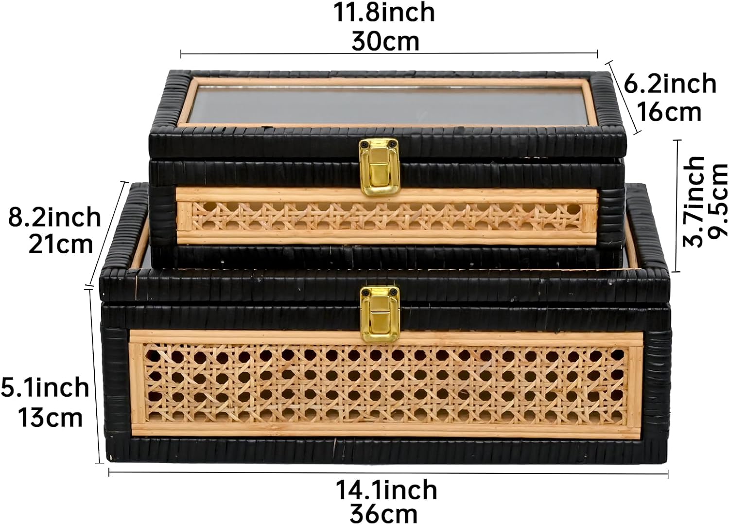 Black Rattan Decorative Storage Boxes / 14.1 x 8.2 x 5.1 / Rattan&black / Set of 2