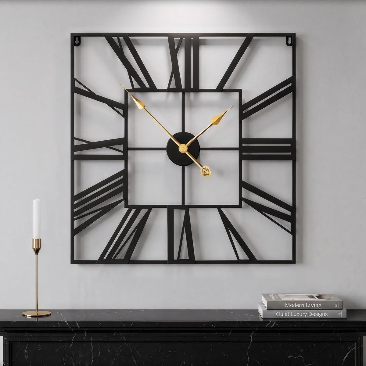 Cuspin 24 Inch Square Wall Clock, Large Black Metal Roman Numeral Clock | Battery operated, Silent non ticking, modern