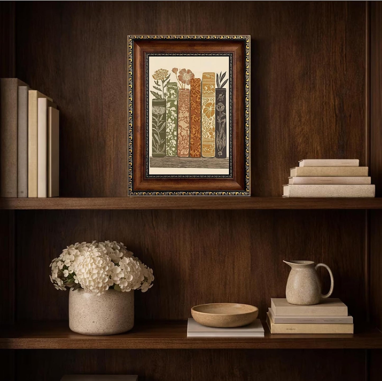Framed Vintage Books Canvas Wall Art Botanical Book Stack / Book Stack Botanical Framed / 11"L x 9"W