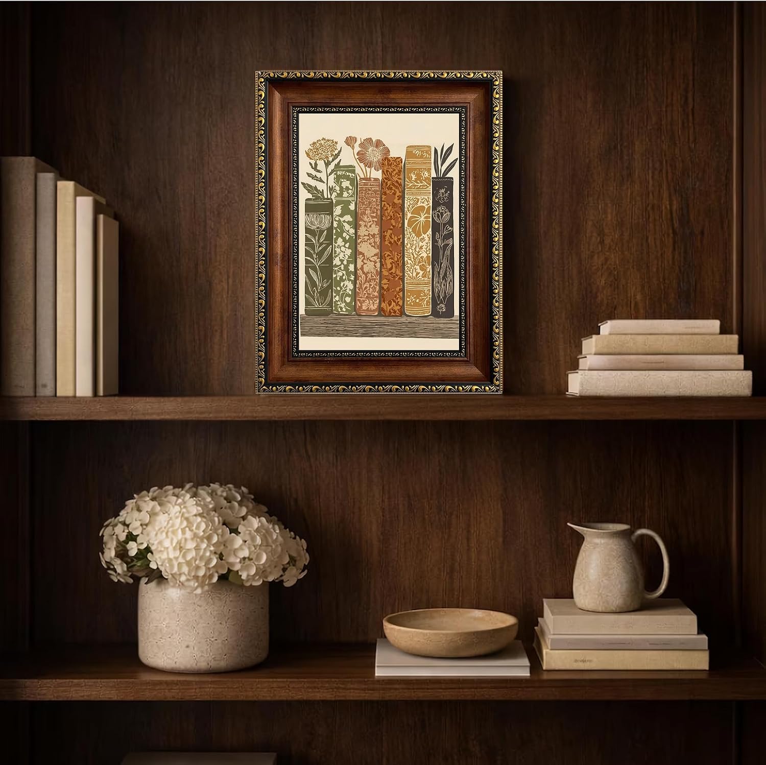 Framed Vintage Books Canvas Wall Art Botanical Book Stack / Book Stack Botanical Framed / 11"L x 9"W