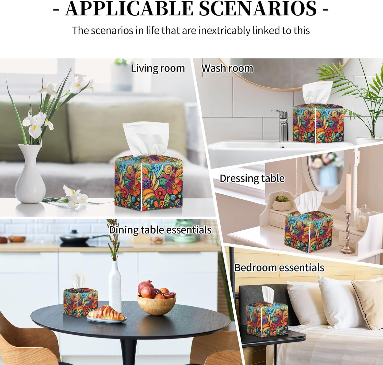 Tissue Box Cover Square Leather Tissue Case Holder Facial Paper Organizer / Colorful Boho Florals
