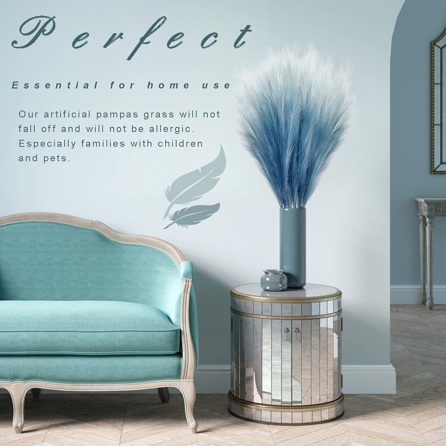 Fluffy Artificial Bulrush Branches Boho Decor / Blue / Set of 8