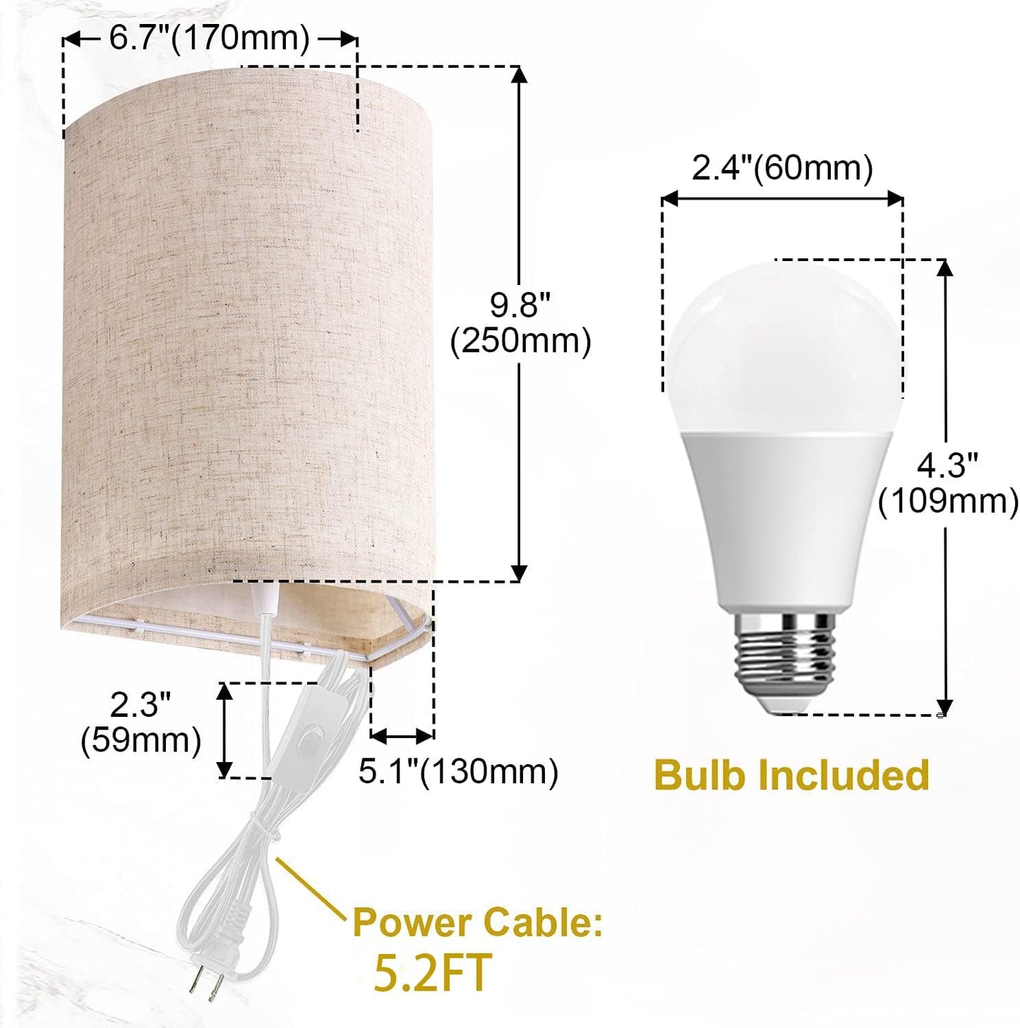 AVV Wall Sconces Set of Two, Wall Lamp Plug in with On/Off Switch, 2700K 4000K 5000K Selectable, Wall Lights for