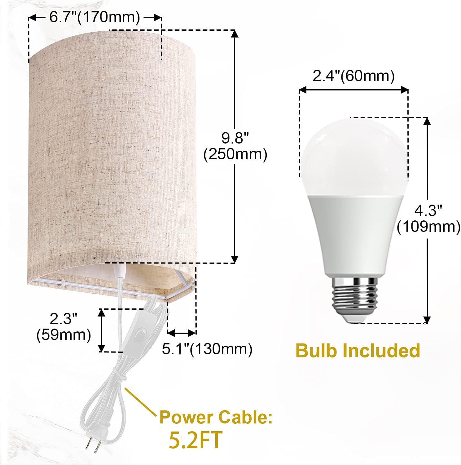 AVV Wall Sconces Set of Two, Wall Lamp Plug in with On/Off Switch, 2700K 4000K 5000K Selectable, Wall Lights for