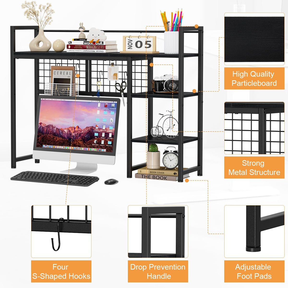 Snughome Desk Shelf, 38.6" Desktop Organizer Shelf, Desk Hutch for Computer Monitor, 4 Tier Desk Display Rack with