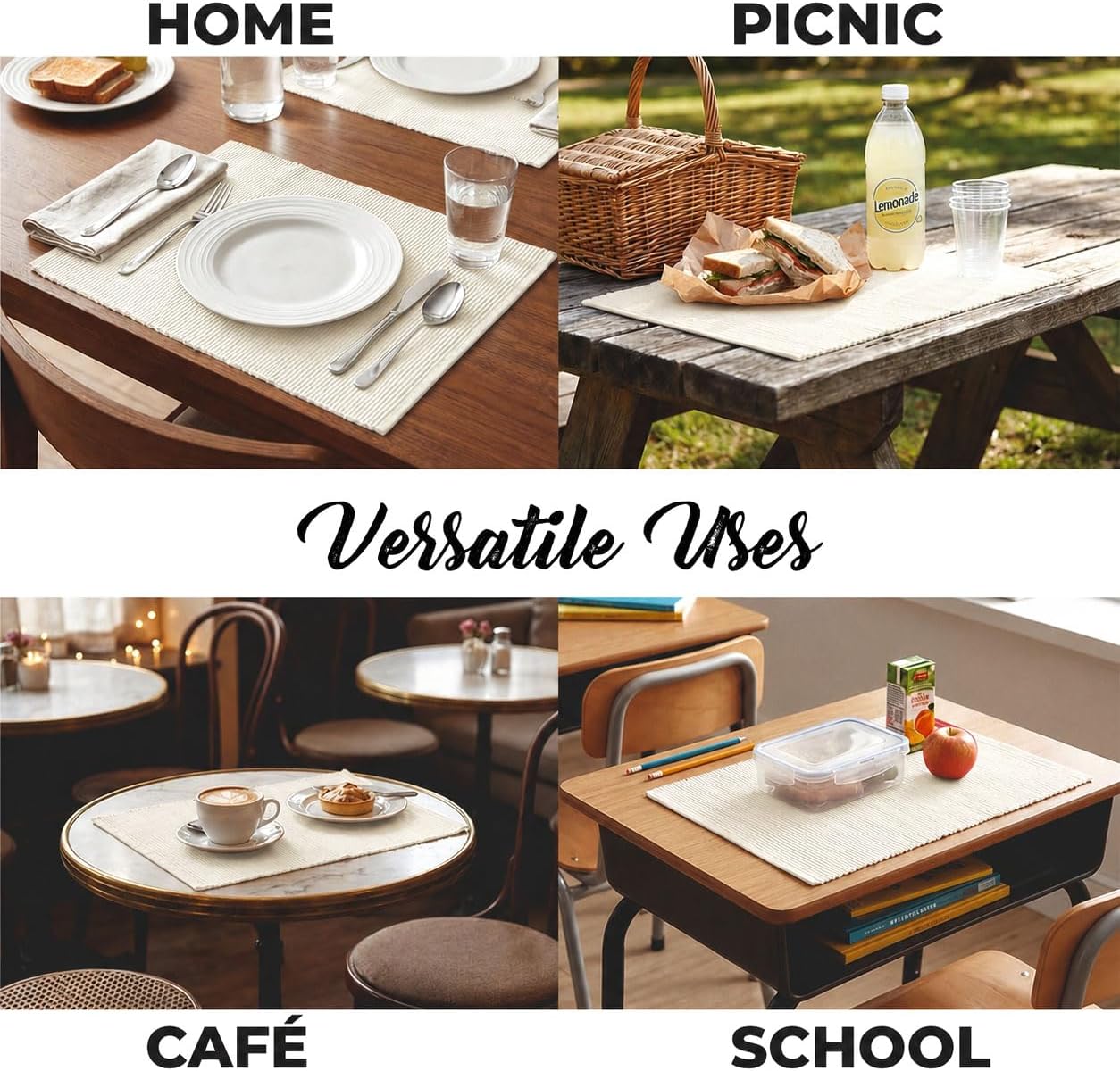 100% Cotton Ribbed Placemats - Set of 8-13 x 19 Inches - Off White - Everyday Cloth Table Mats - Thick Construction