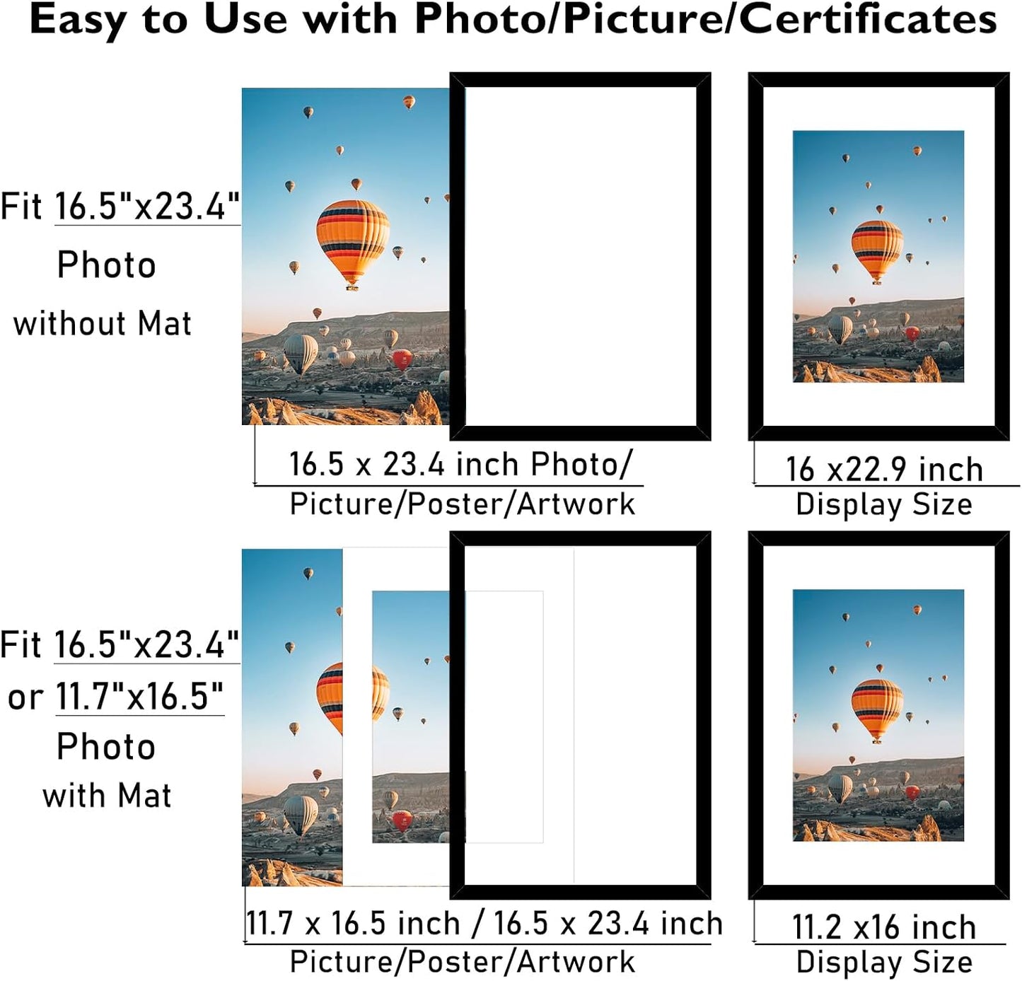 JCJMY 16.5x23.4 A2 Picture Frame Set of 4 Black with 11.7x16.5 A3 Mat, Display Photo 11.7x16.5 with Mat or 16.5 x 23.4