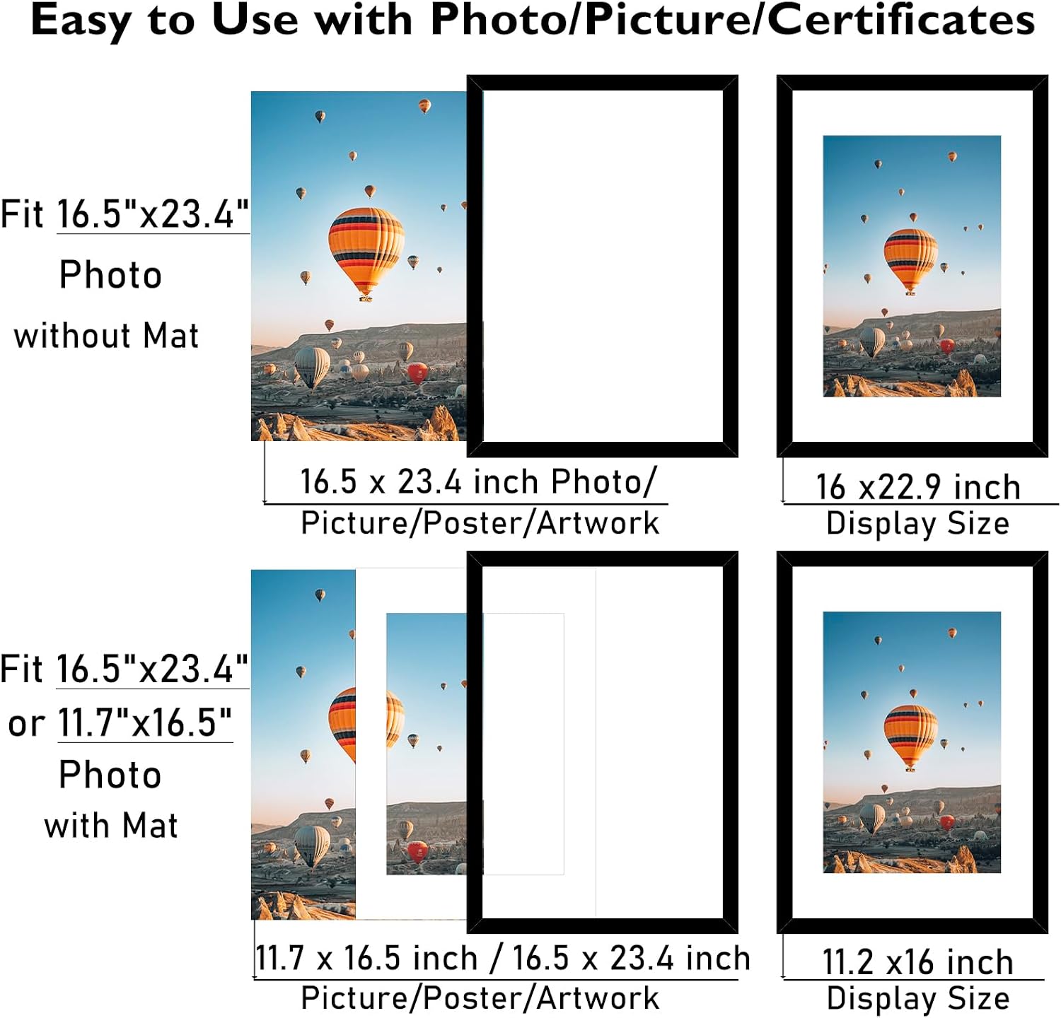 JCJMY 16.5x23.4 A2 Picture Frame Set of 4 Black with 11.7x16.5 A3 Mat, Display Photo 11.7x16.5 with Mat or 16.5 x 23.4