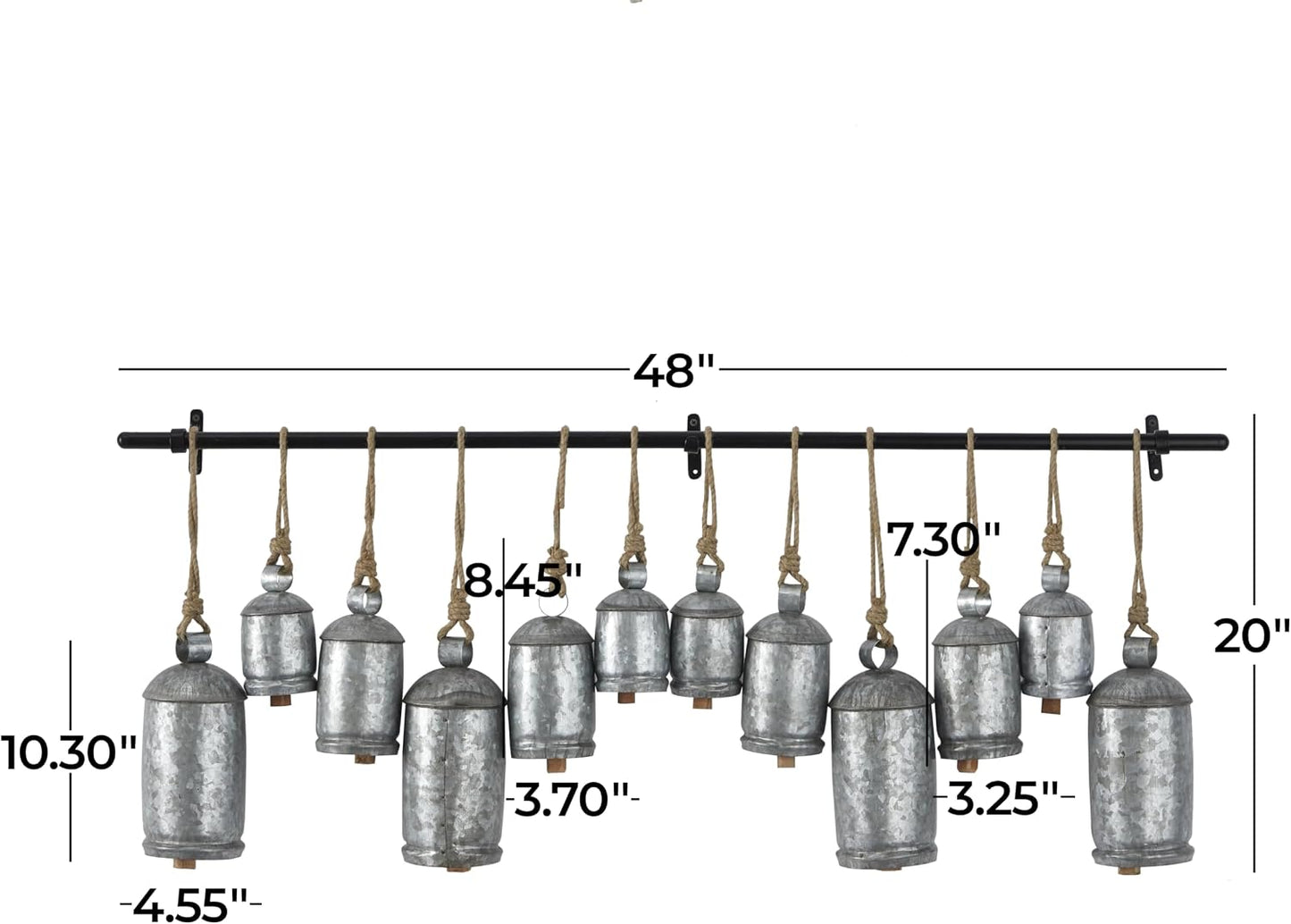 Deco 79 Metal Decorative Cow Bells Tibetan Inspired 12 Bell with Jute Hanging Rope and Black Metal Rod, 48" x 6" x 20"
